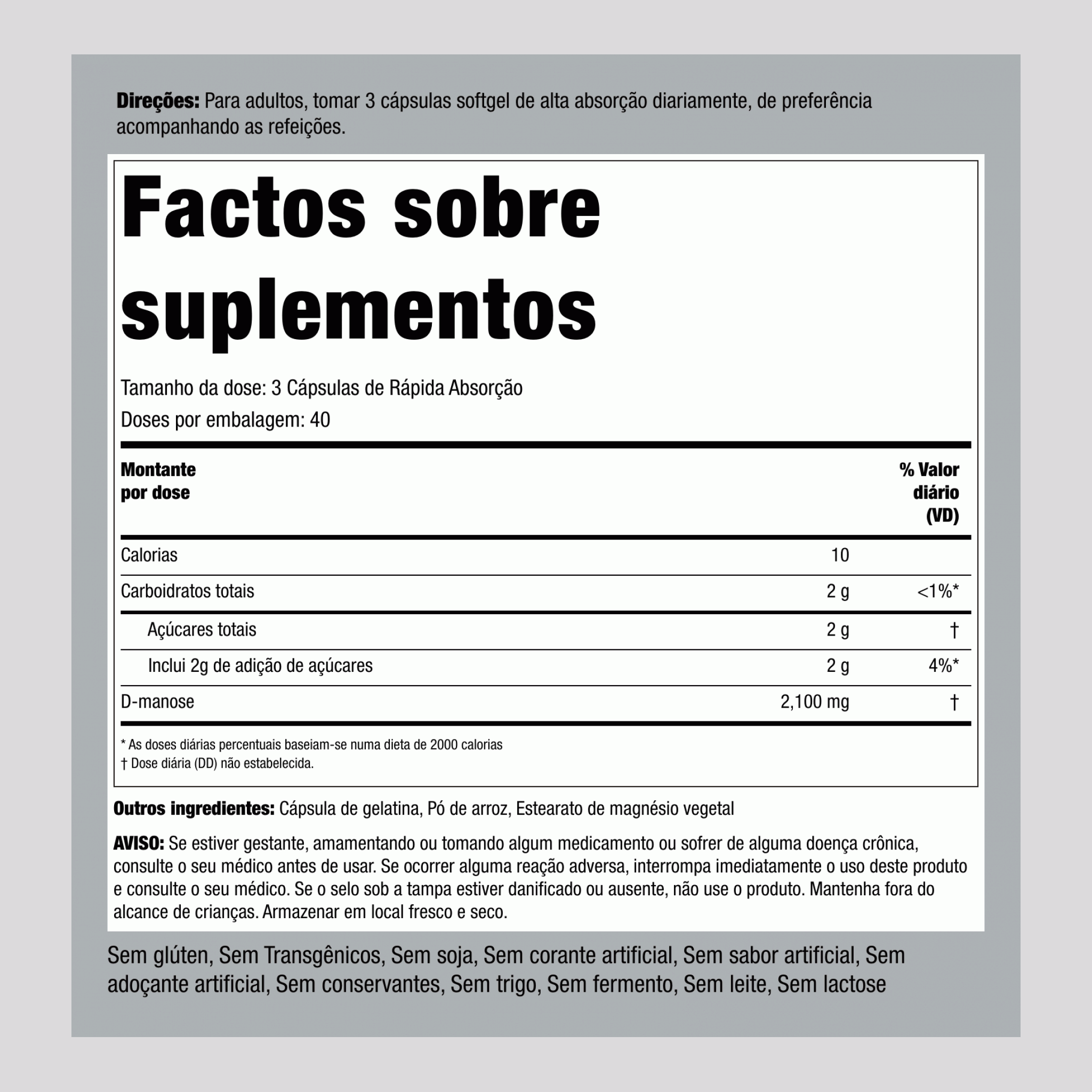 D-manose  2100 mg (por dose) 120 Cápsulas de Rápida Absorção 2 Frascos   