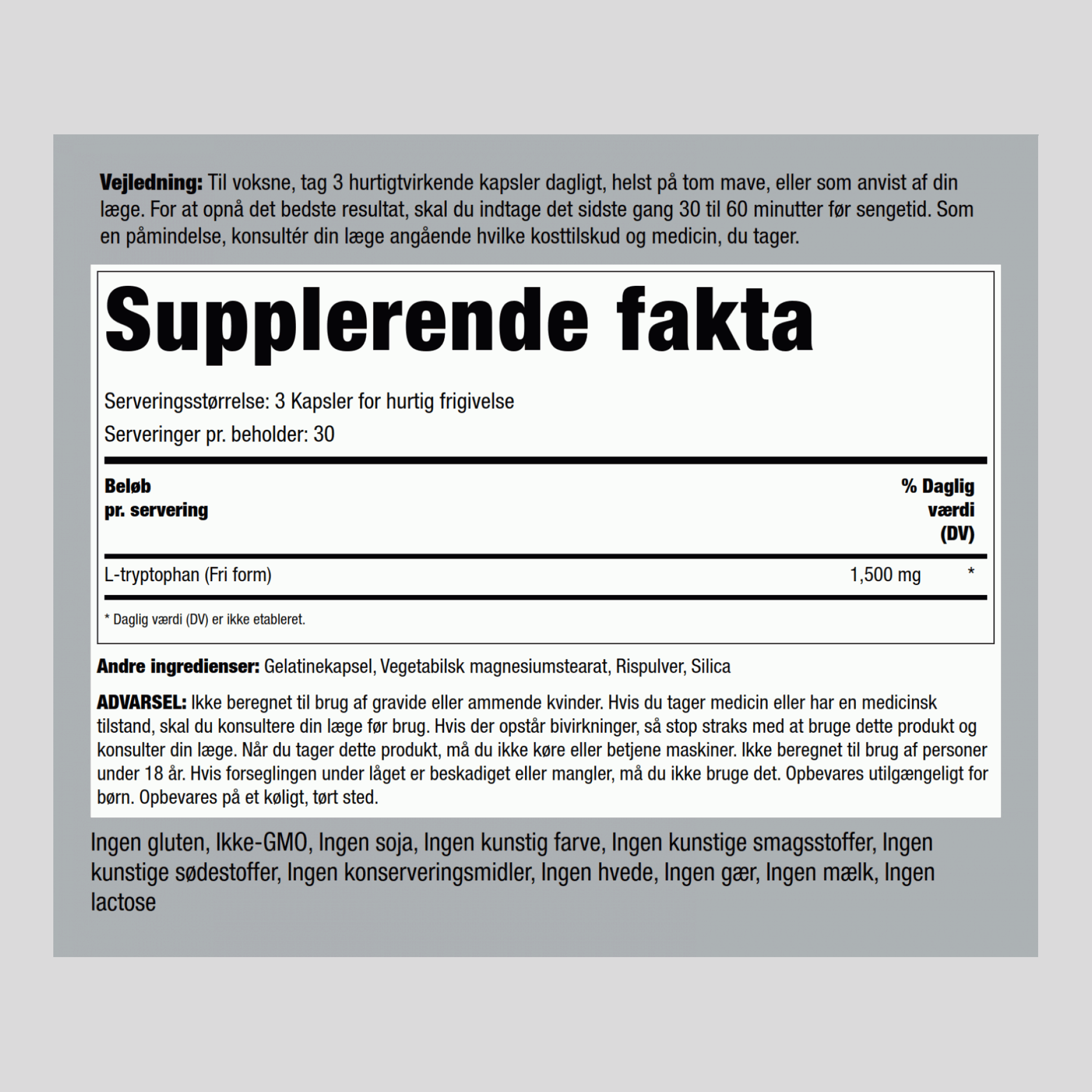 L-tryptofan  1500 mg (pr. dosering) 90 Kapsler for hurtig frigivelse     