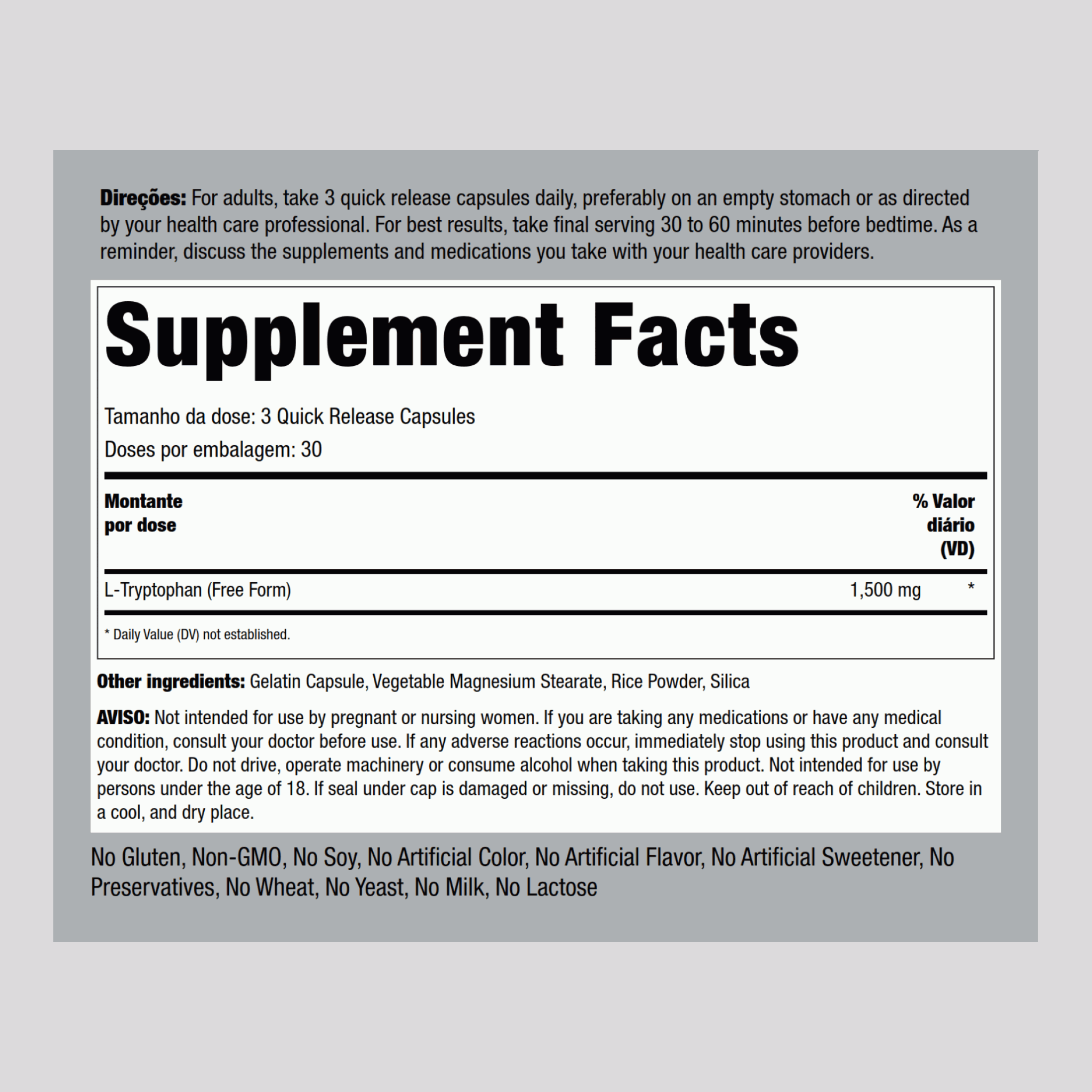 L-Tryptophane,  1500 mg (par portion) 90 Gélules à libération rapide 2 Bouteilles