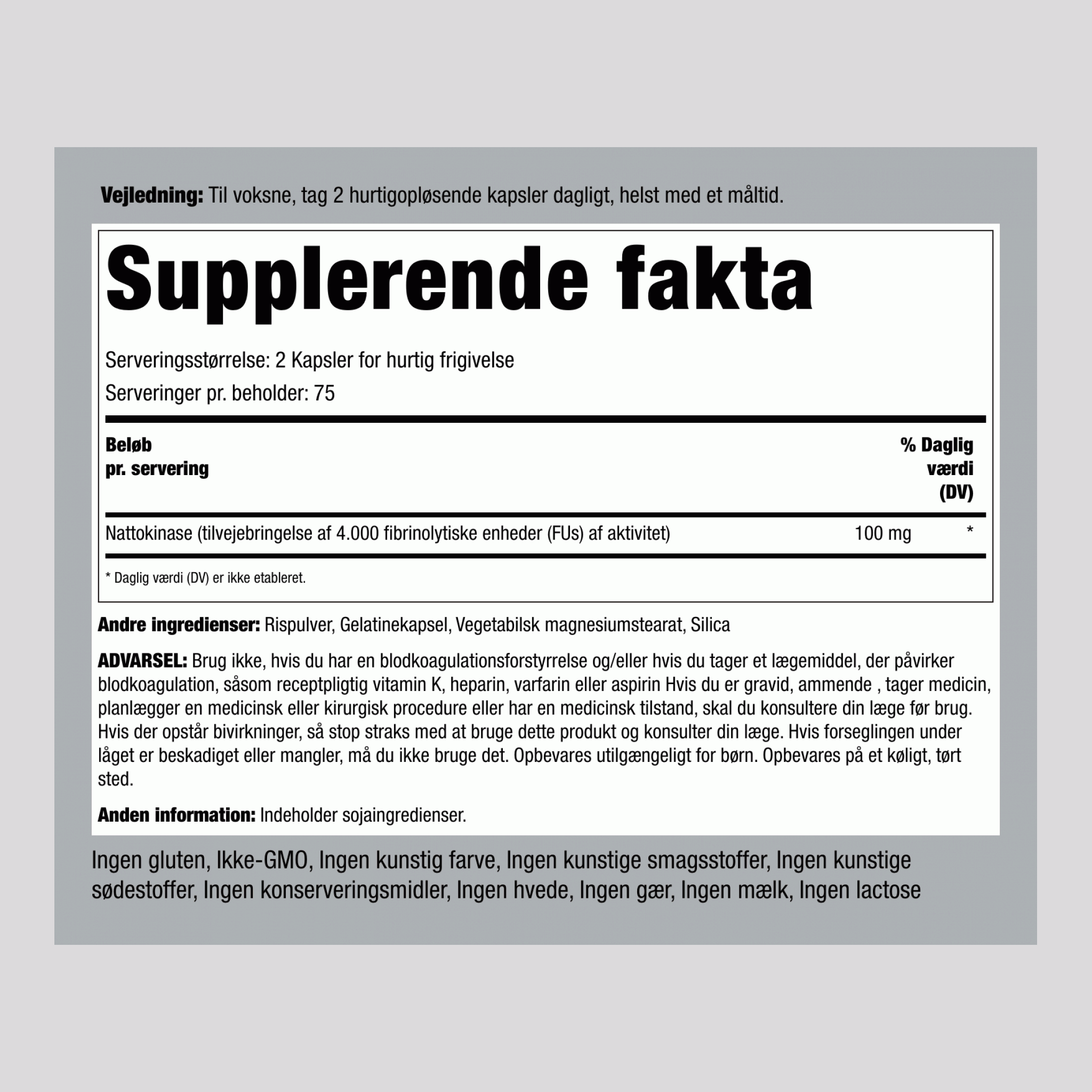 Ultra Nattokinase 4000 FU, 100 mg (pr. portion), 150 hurtigfrigørende kapsler, 2 flasker