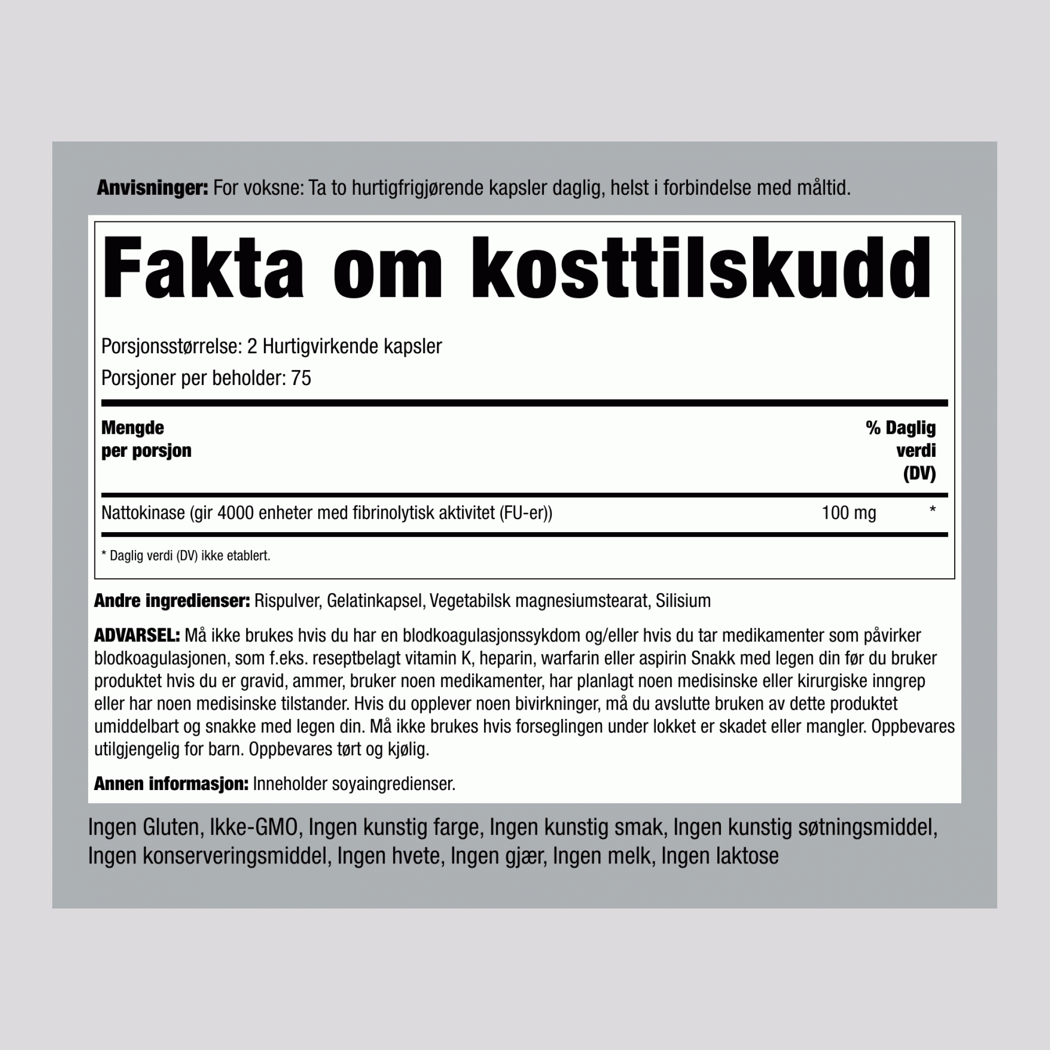 Ultra Nattokinase 4000 FU, 100 mg (per porsjon), 150 hurtigutløsende kapsler, 2 flasker