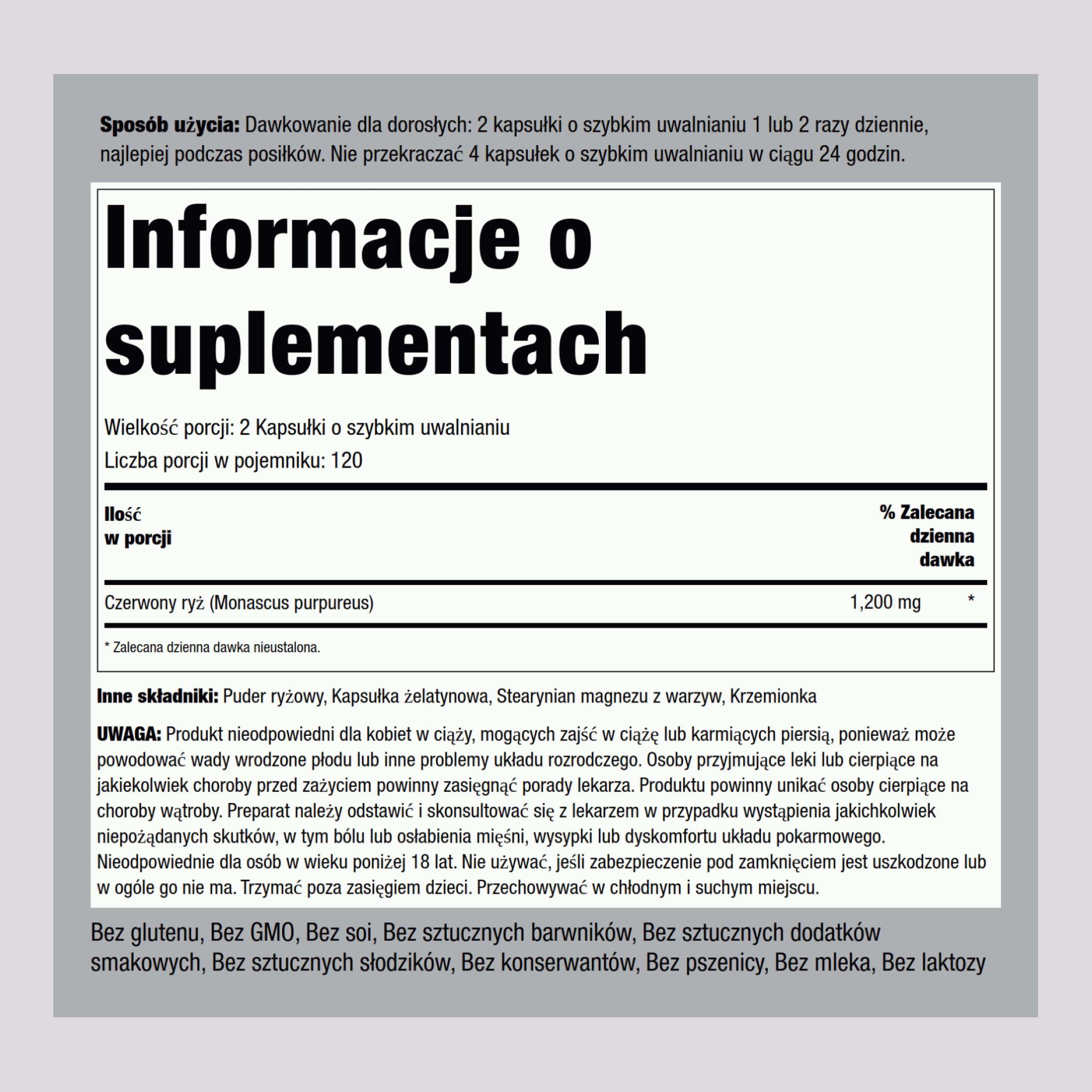 Czerwone drożdże z ryżu  1200 mg (na porcję) 240 Kapsułki o szybkim uwalnianiu     