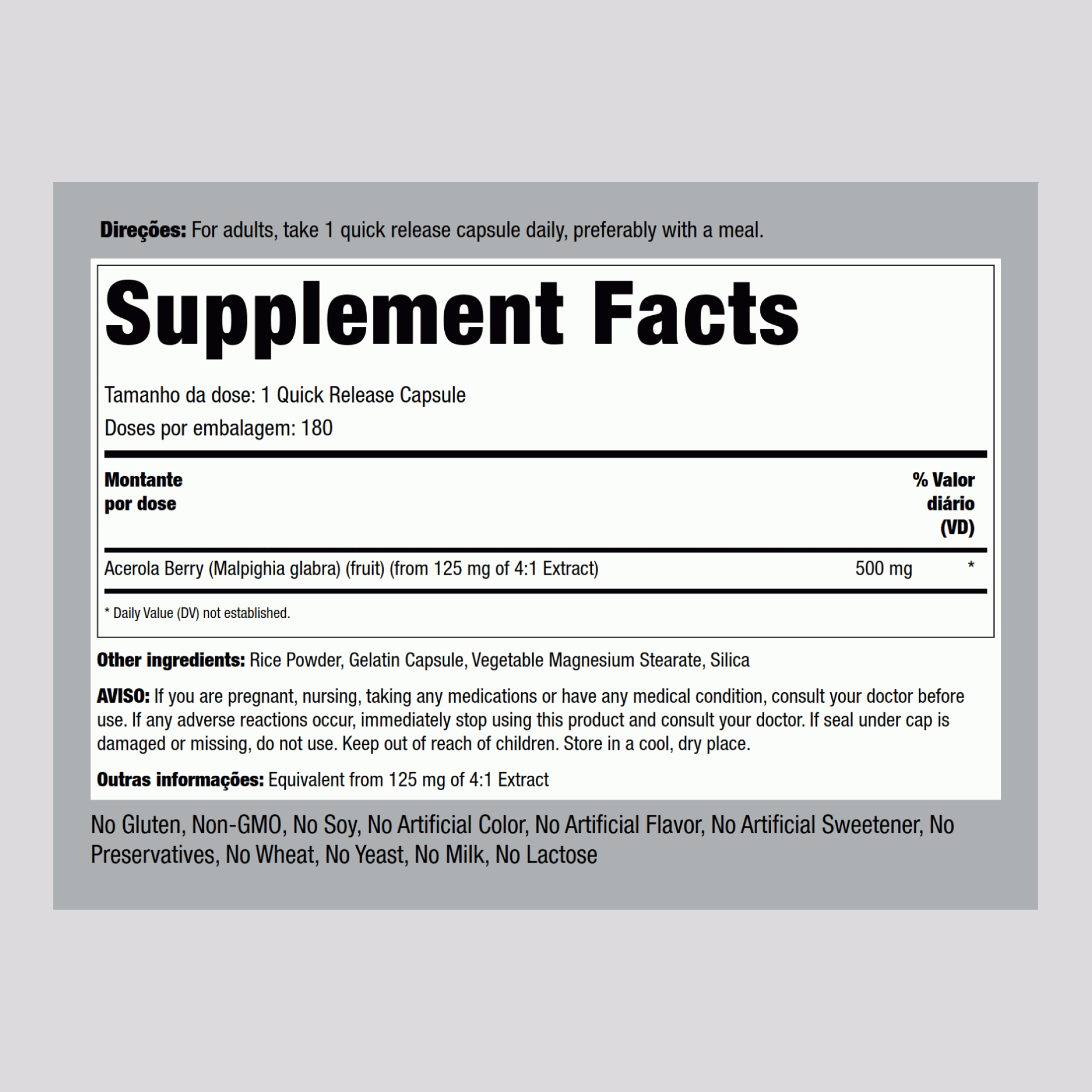 Acerola  500 mg 180 Cápsulas de Rápida Absorção     