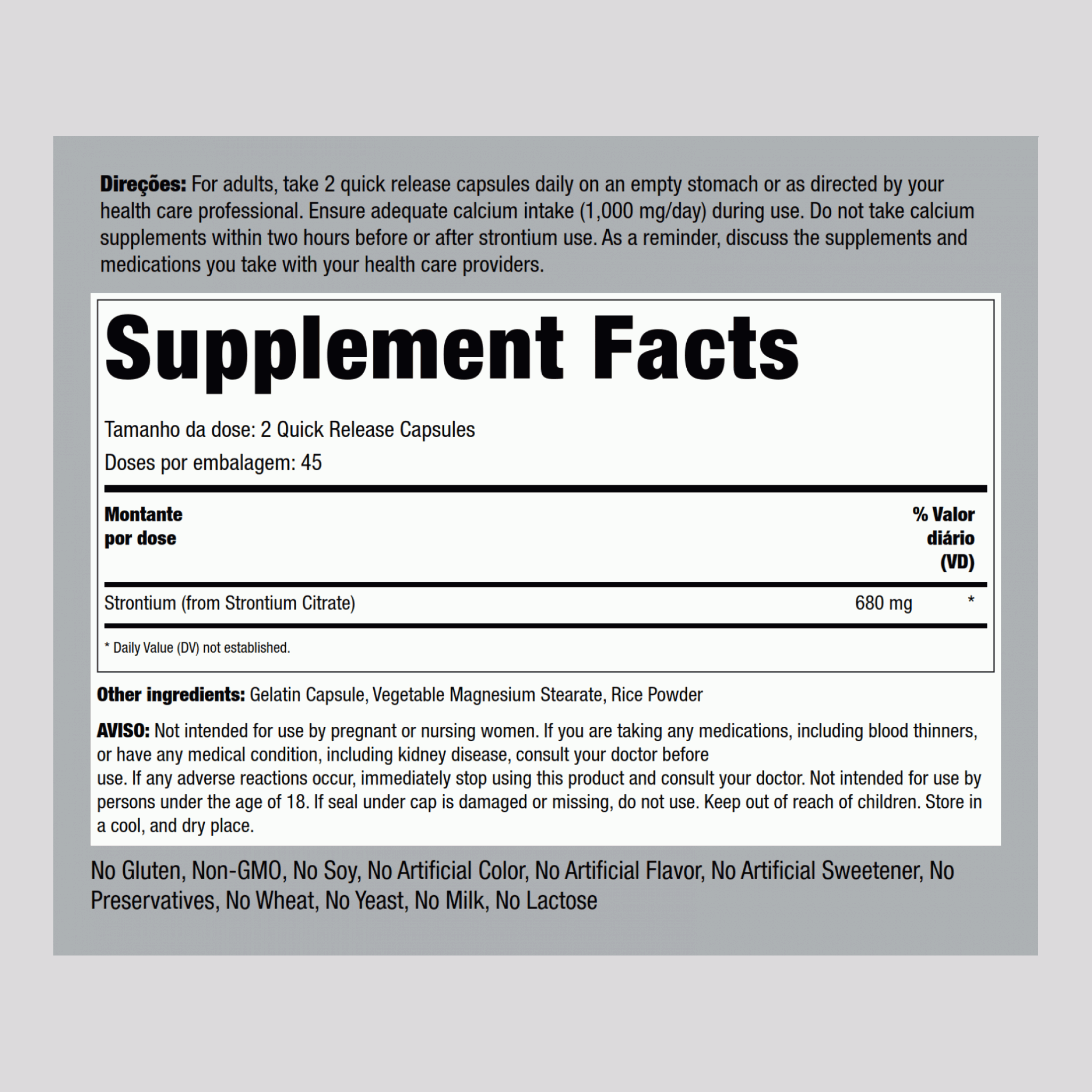 Citrato de estrôncio  680 mg (por dose) 90 Cápsulas de Rápida Absorção     