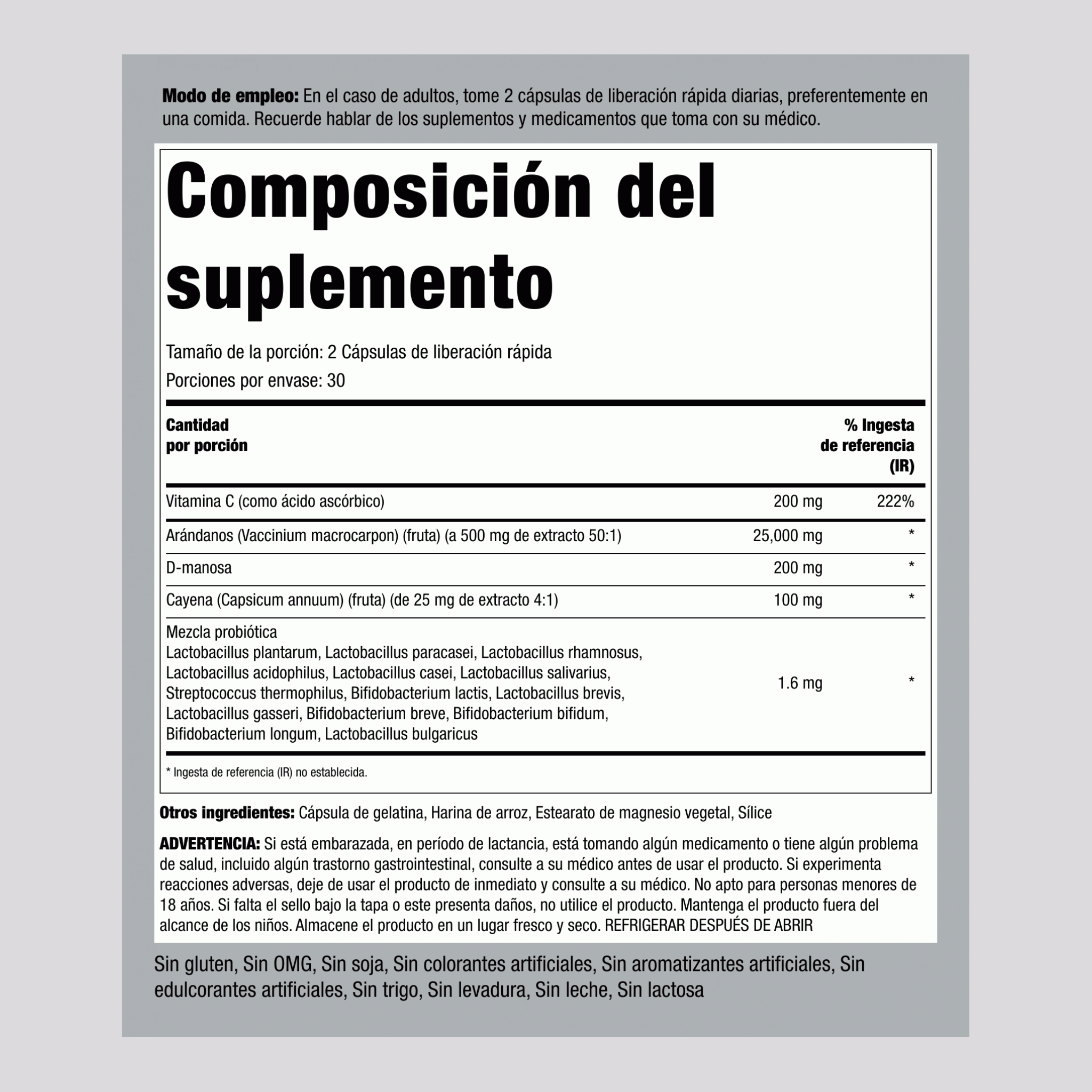 Complejo para el tracto urinario de D-manosa y arándano americano 60 Cápsulas de liberación rápida       