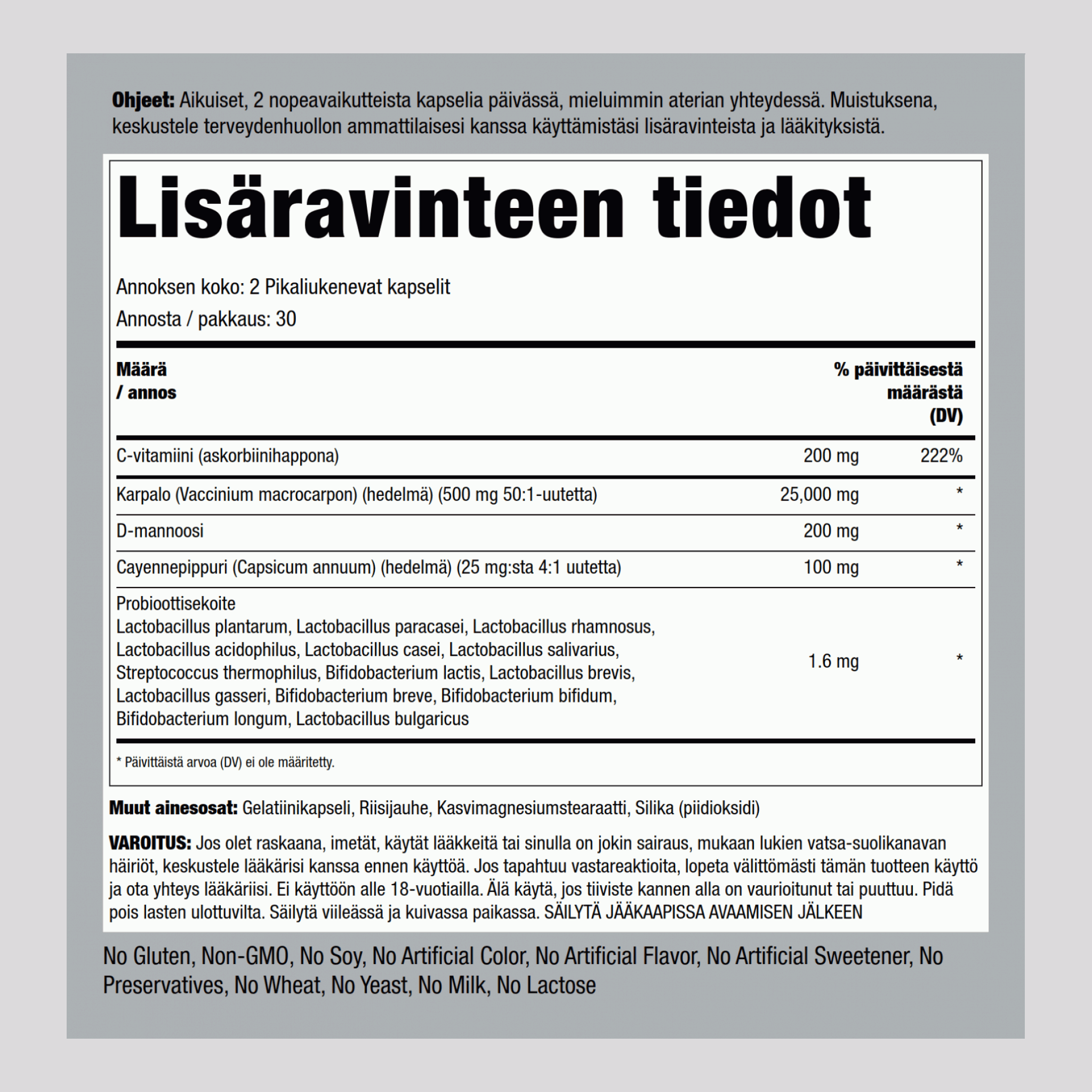 Kompleksi virtsatievaivoihin D-mannoosi ja karpalo 60 Pikaliukenevat kapselit       