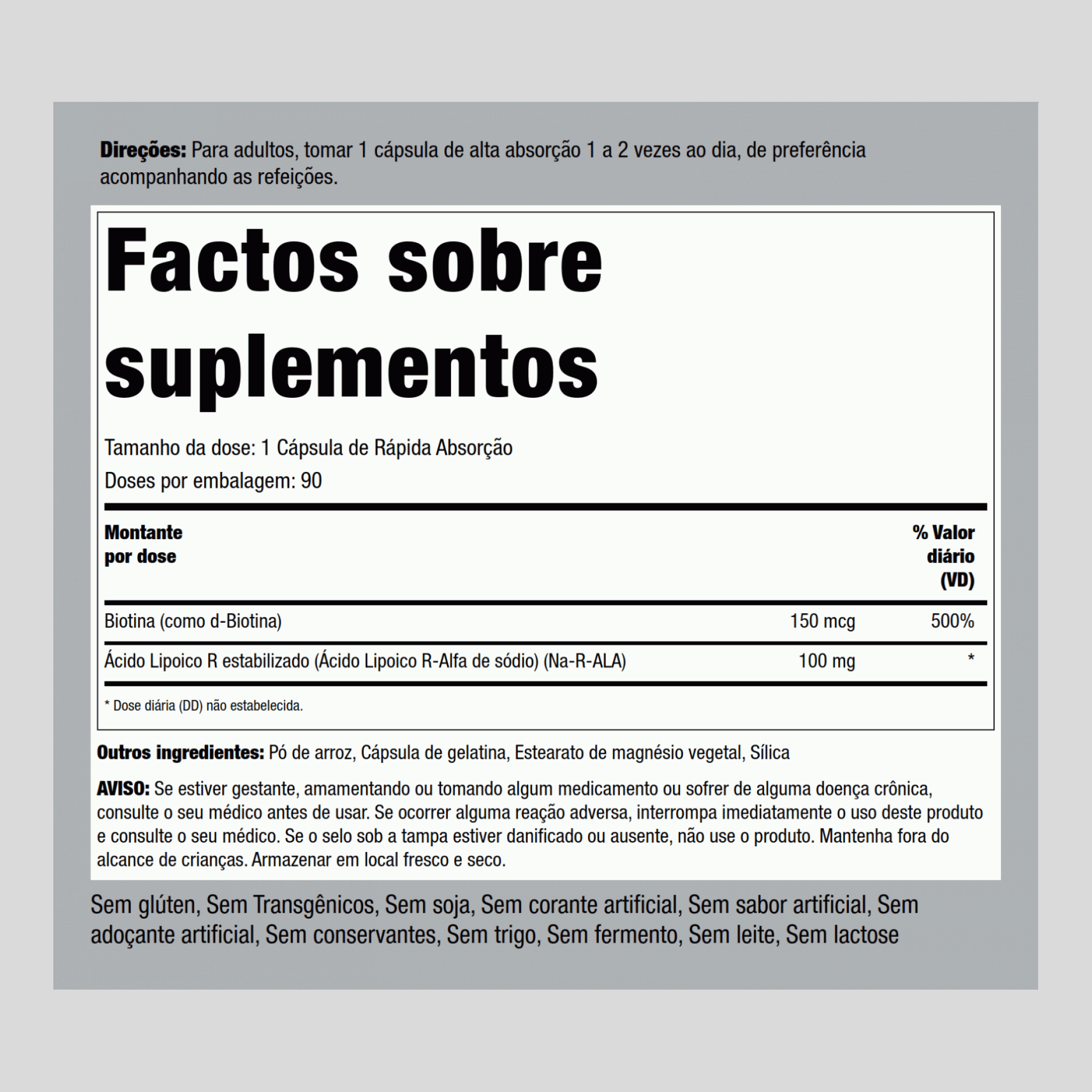 Ácido lipoico Alfa-R (estabilizado) + Otimizador de biotina 100 mg 90 Cápsulas de Rápida Absorção     