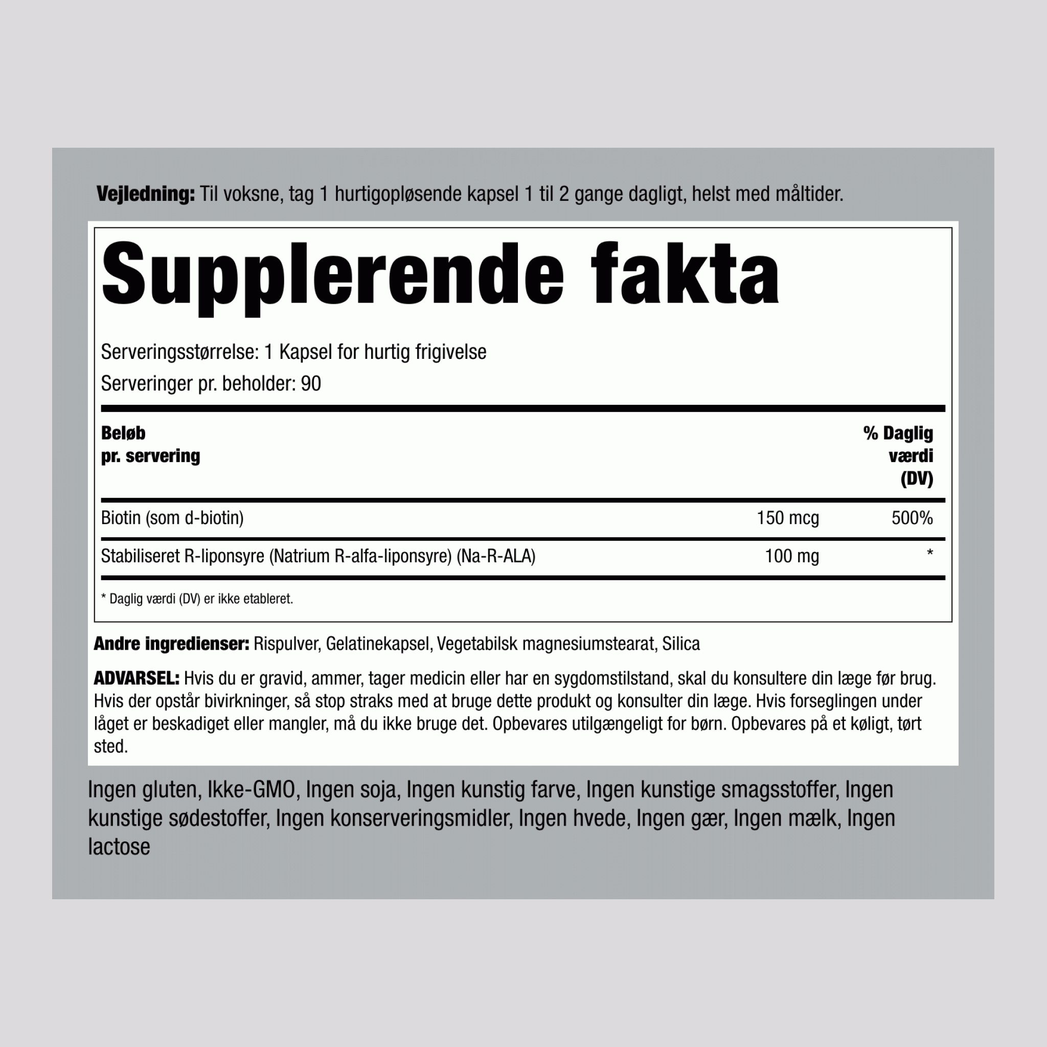 R-fraktion alfa-liposyre (stabiliseret) plus biotin-optimeringsmiddel 100 mg 90 Kapsler for hurtig frigivelse 2 Flasker   