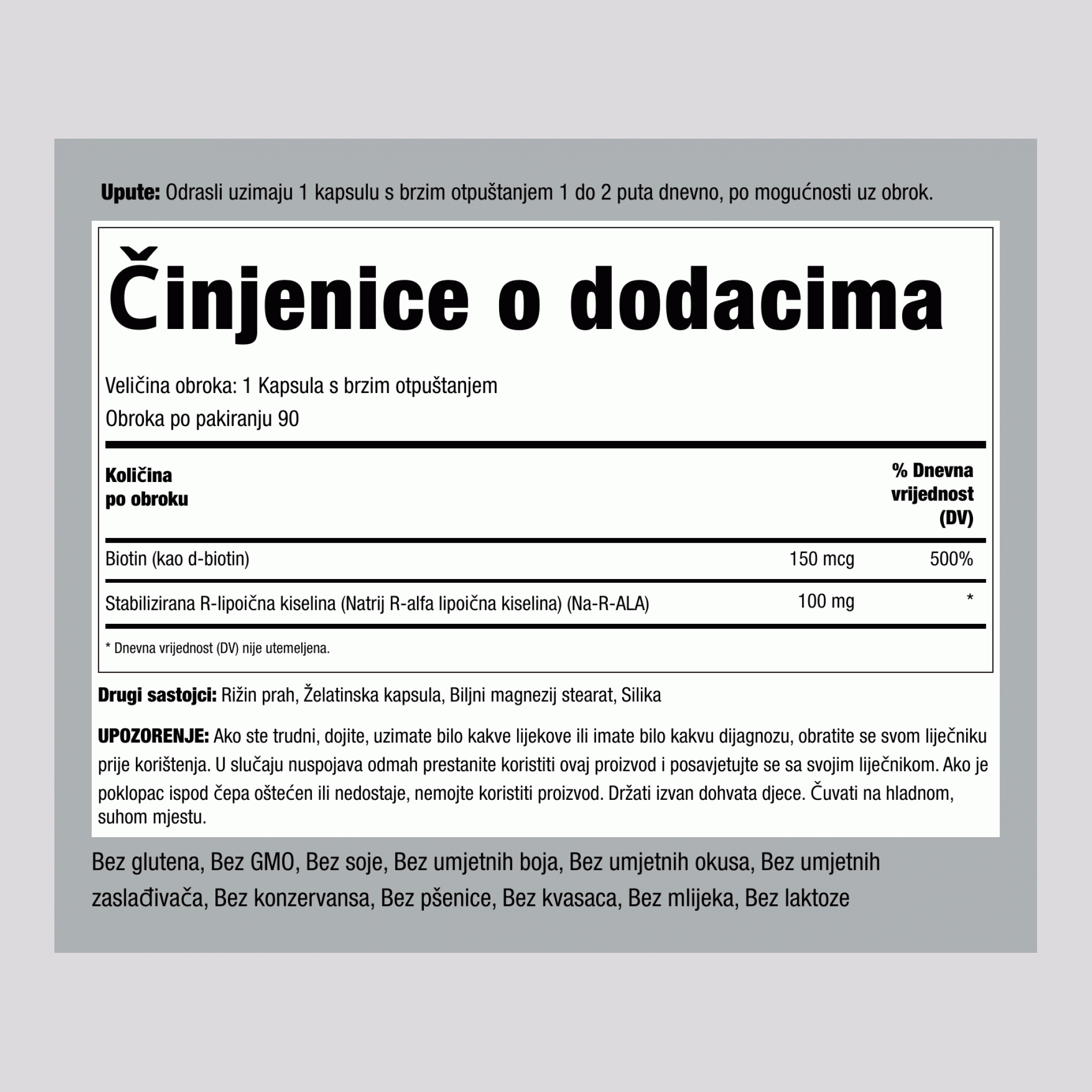 R-frakcijska alfa lipoična kiselina (stabilizirana) plus optimizator biotina 100 mg 90 Kapsule s brzim otpuštanjem 2 Boce   