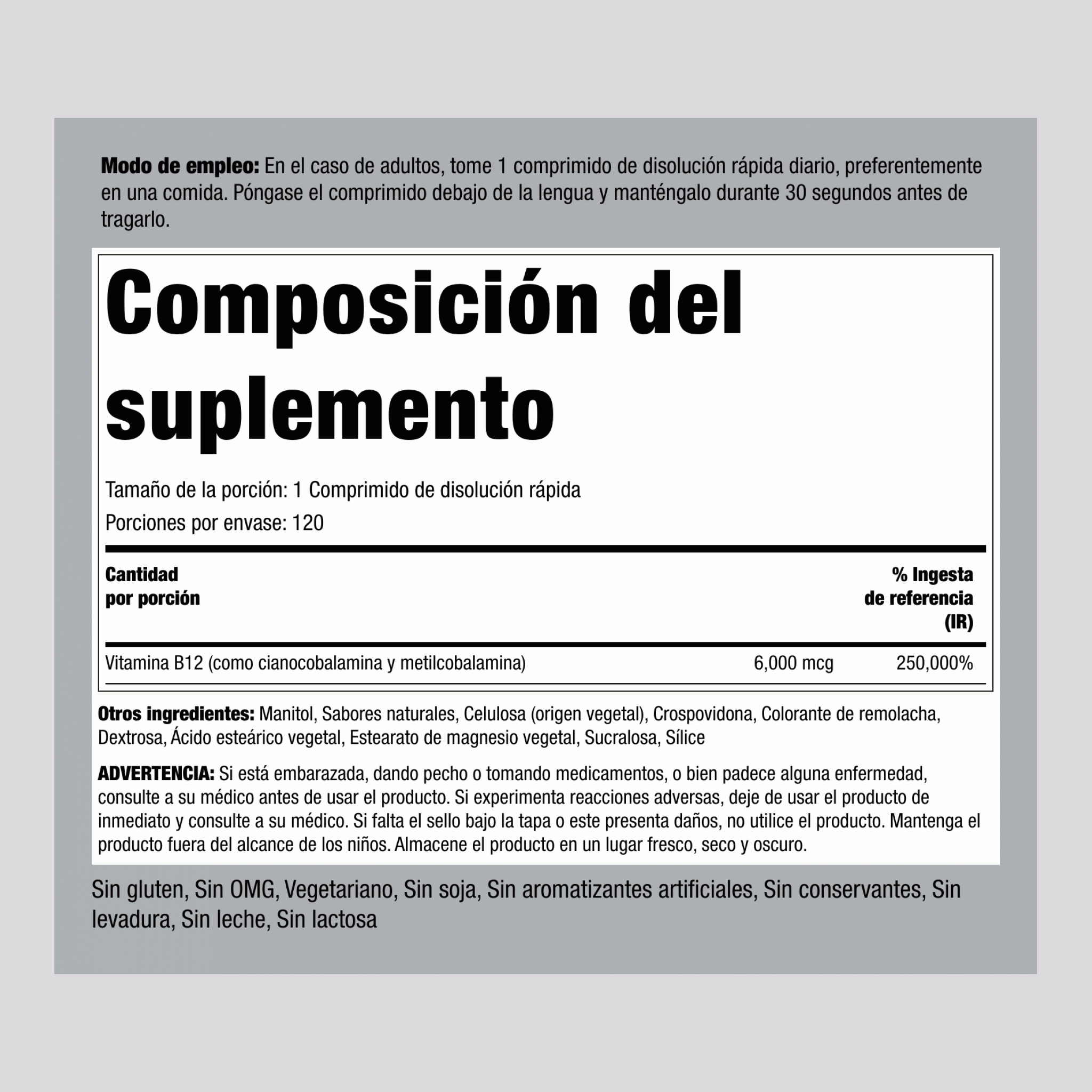 Compuesto de metilcobalamina B-12 (sublingual) 6000 mcg 120 Pastillas de rápida disolución     