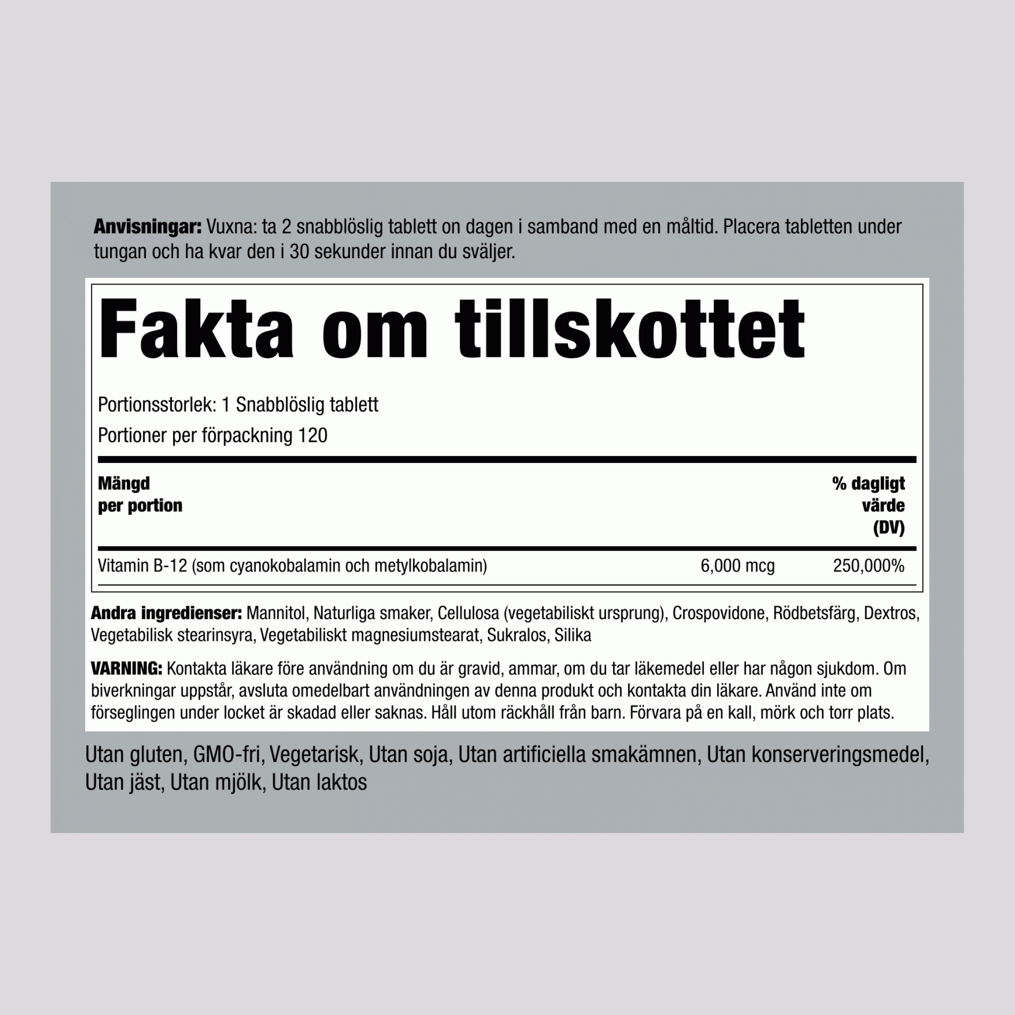 Metylkobalamin B-12 komplex (under tungan) 6000 mcg 120 Snabbupplösande tabletter     