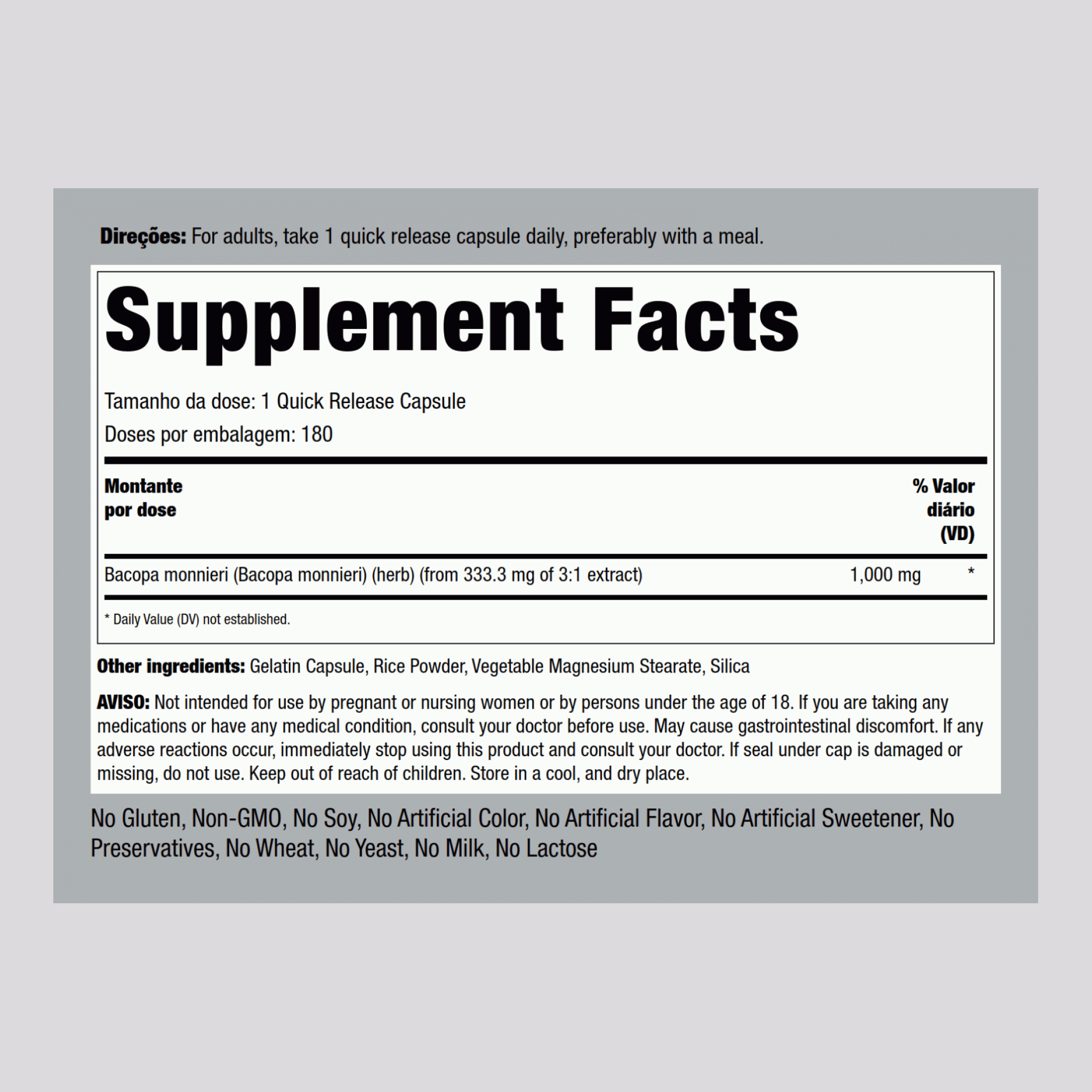 Bacopa monnieri  1000 mg (por dose) 180 Cápsulas de Rápida Absorção     