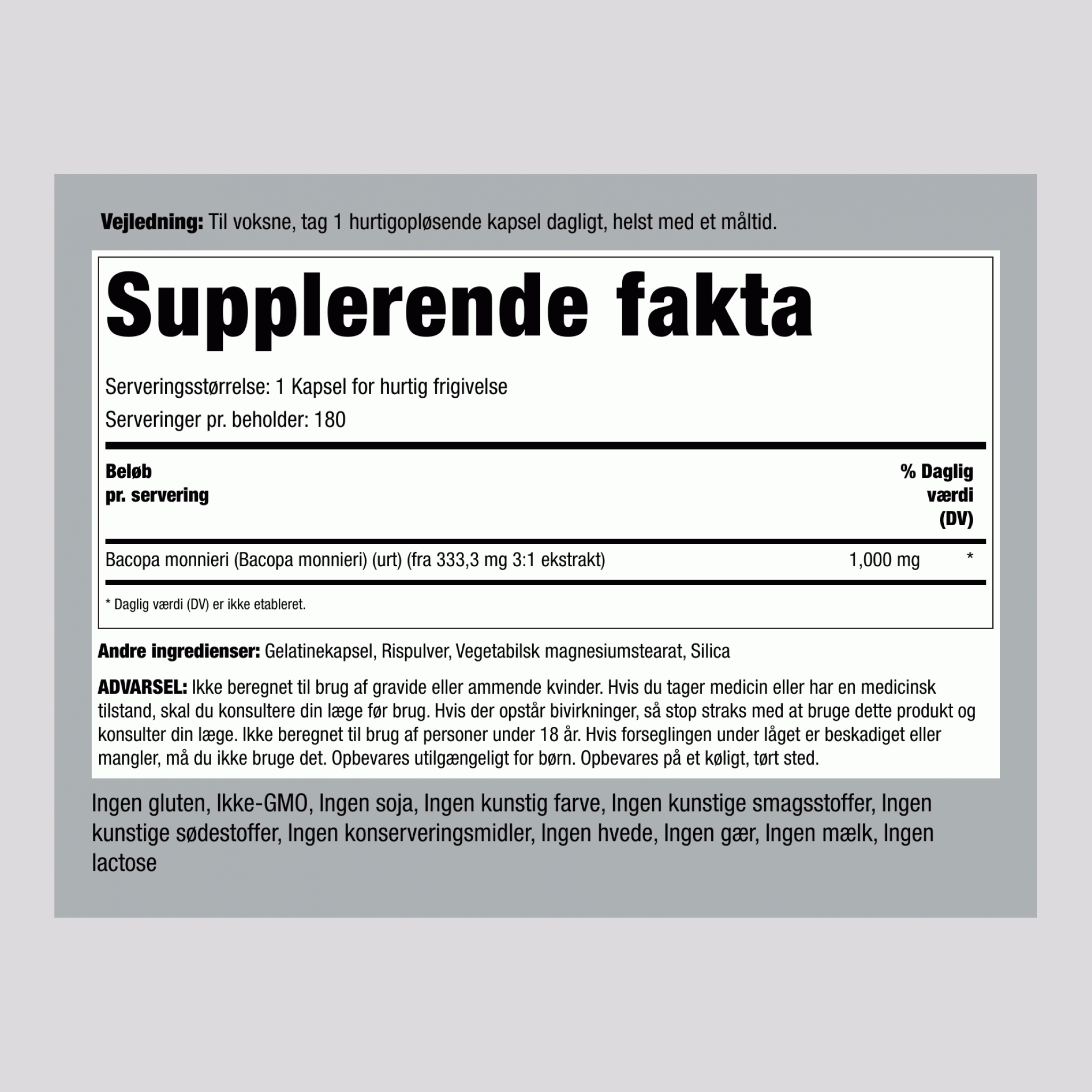 Bacopa Monnieri  1000 mg 180 Kapsler for hurtig frigivelse 2 Flasker    