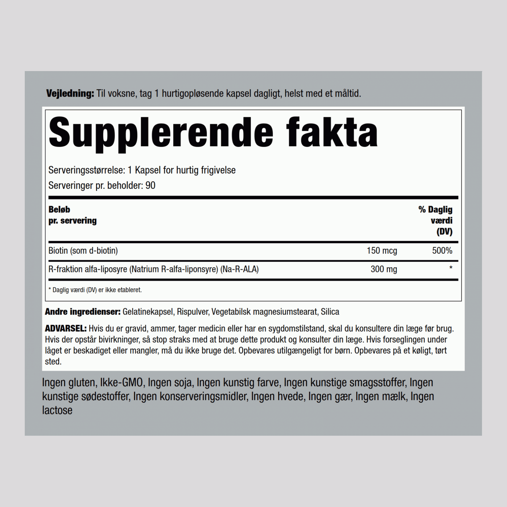 R-fraktion alfa-liposyre (stabiliseret) plus biotin-optimeringsmiddel 300 mg 90 Kapsler for hurtig frigivelse     