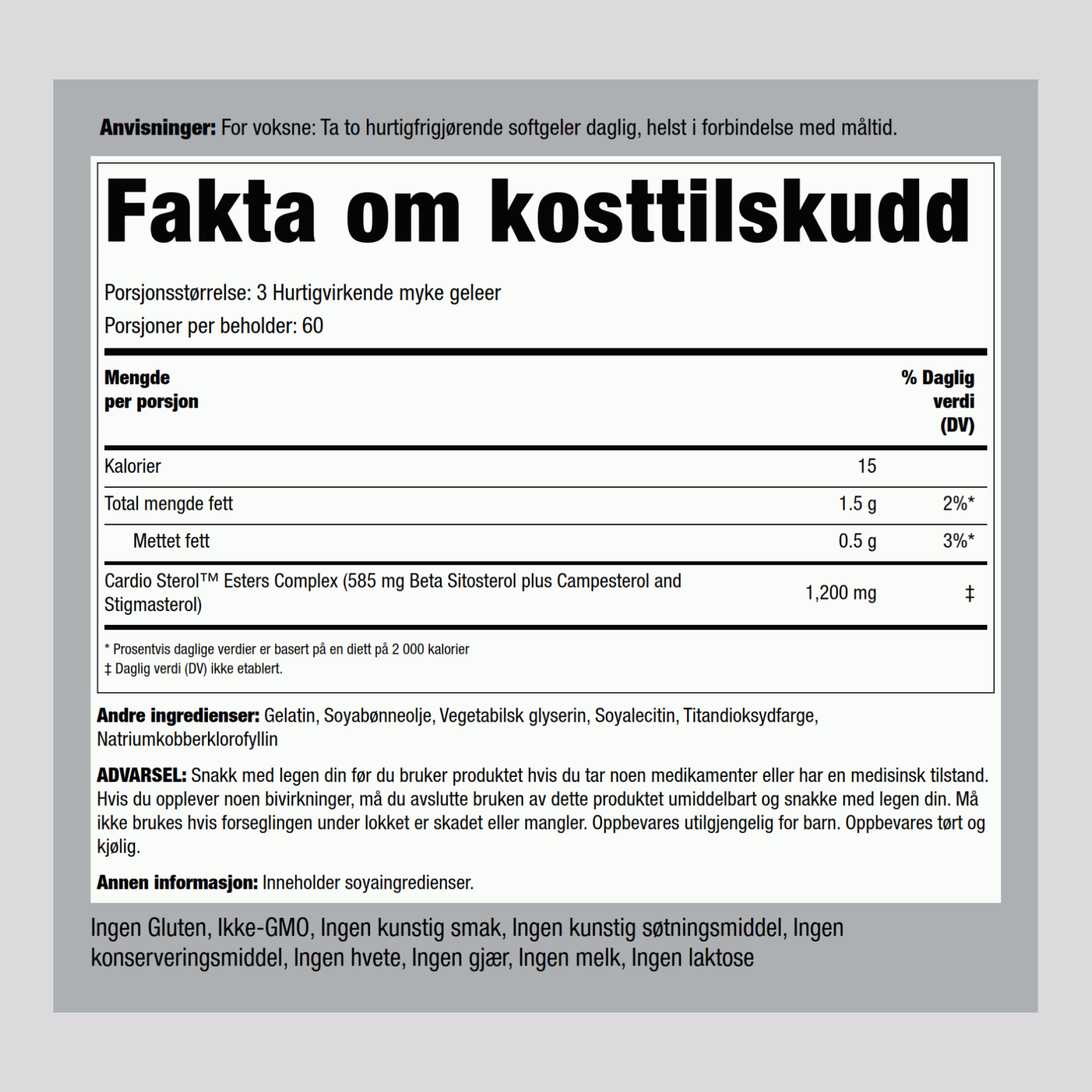 Beta-sitosterol  1200 mg (per dose) 180 Hurtigvirkende myke geleer 2 Flasker   