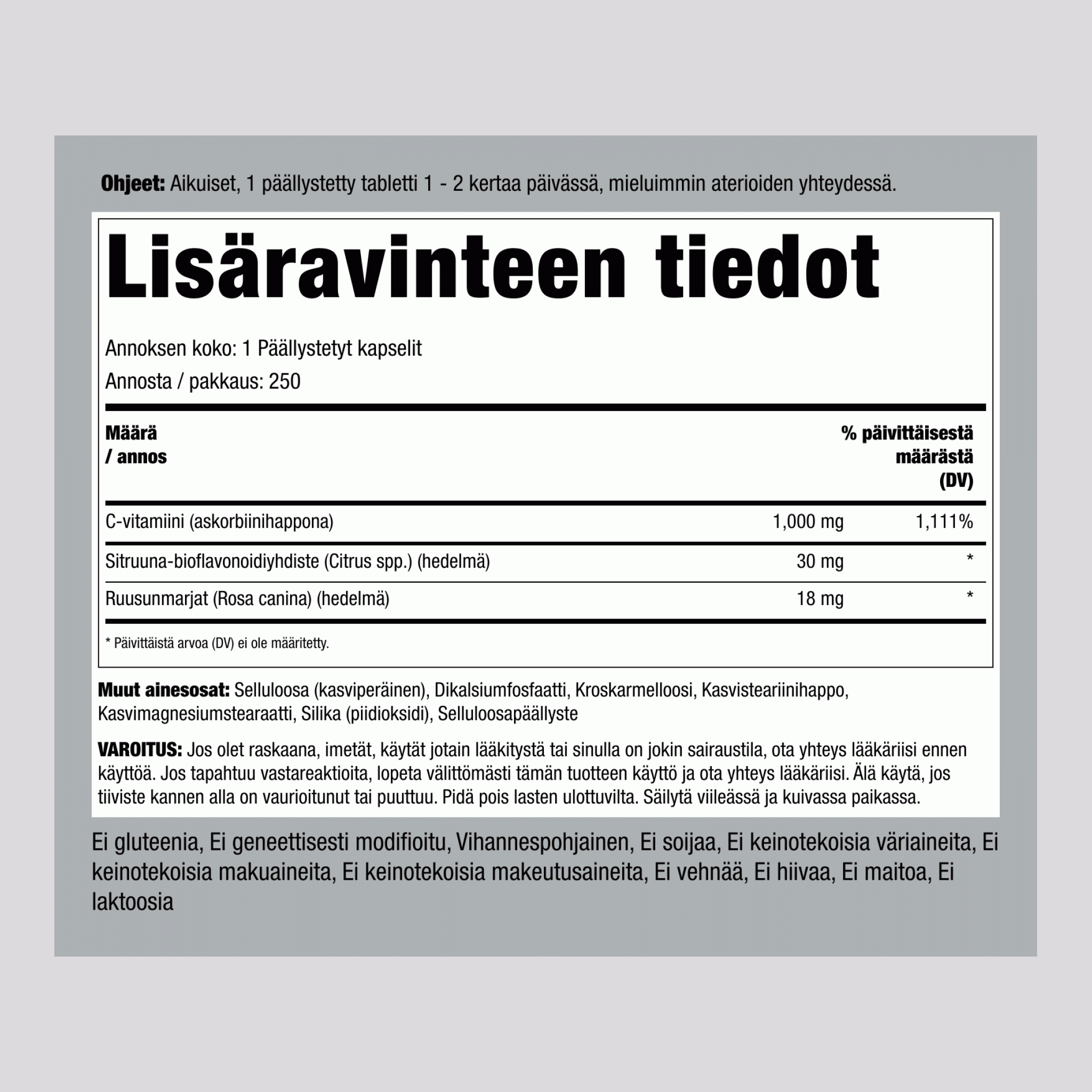 C-vitamiini 1000mg bioflavonoideja ja ruusunmarjaa 250 Päällystetyt kapselit 2 Pulloa     