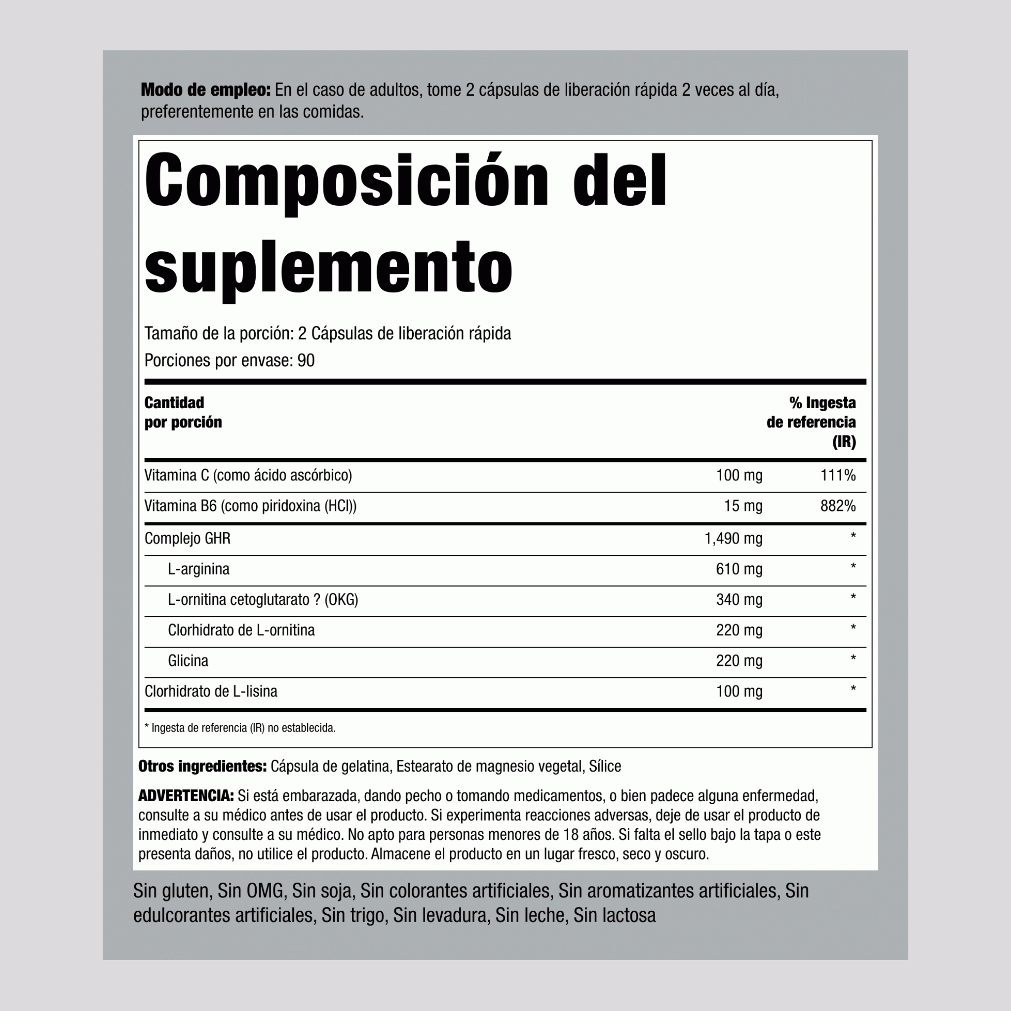 Complejo GHR, 1490 mg (por porción), 180 Cápsulas de Liberación Rápida