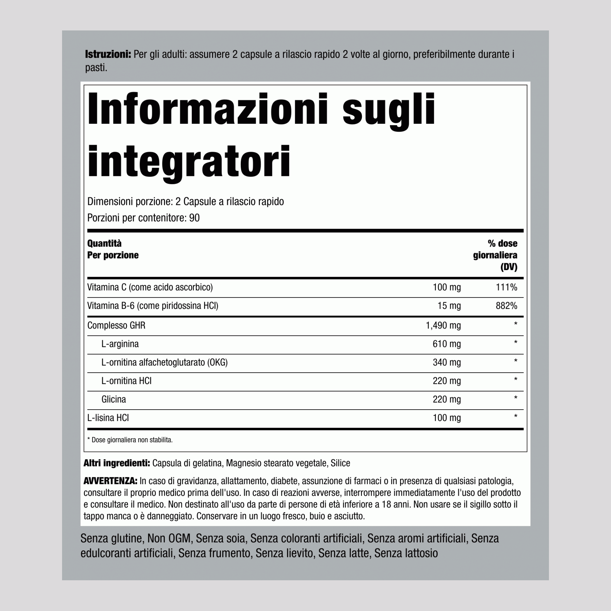 Complesso GHR, 1490 mg (per porzione), 180 Capsule a Rilascio Rapido