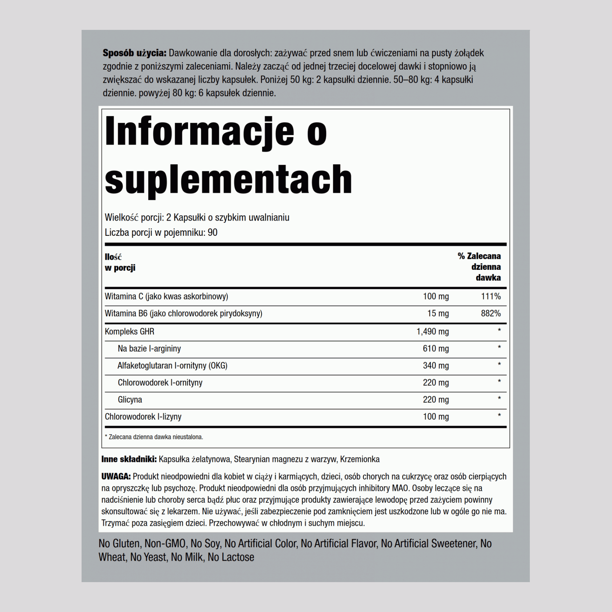 Kompleks GHR (wyzwalacz hormonu wzrostu) 1490 mg (na porcję) 180 Kapsułki o szybkim uwalnianiu     