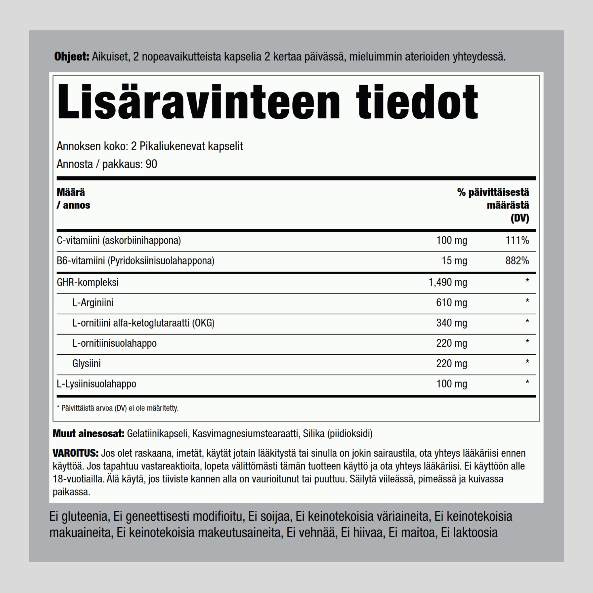 GHR (kasvuhormonin vapauttajahormoni) 1490 mg/annos 180 Pikaliukenevat kapselit     