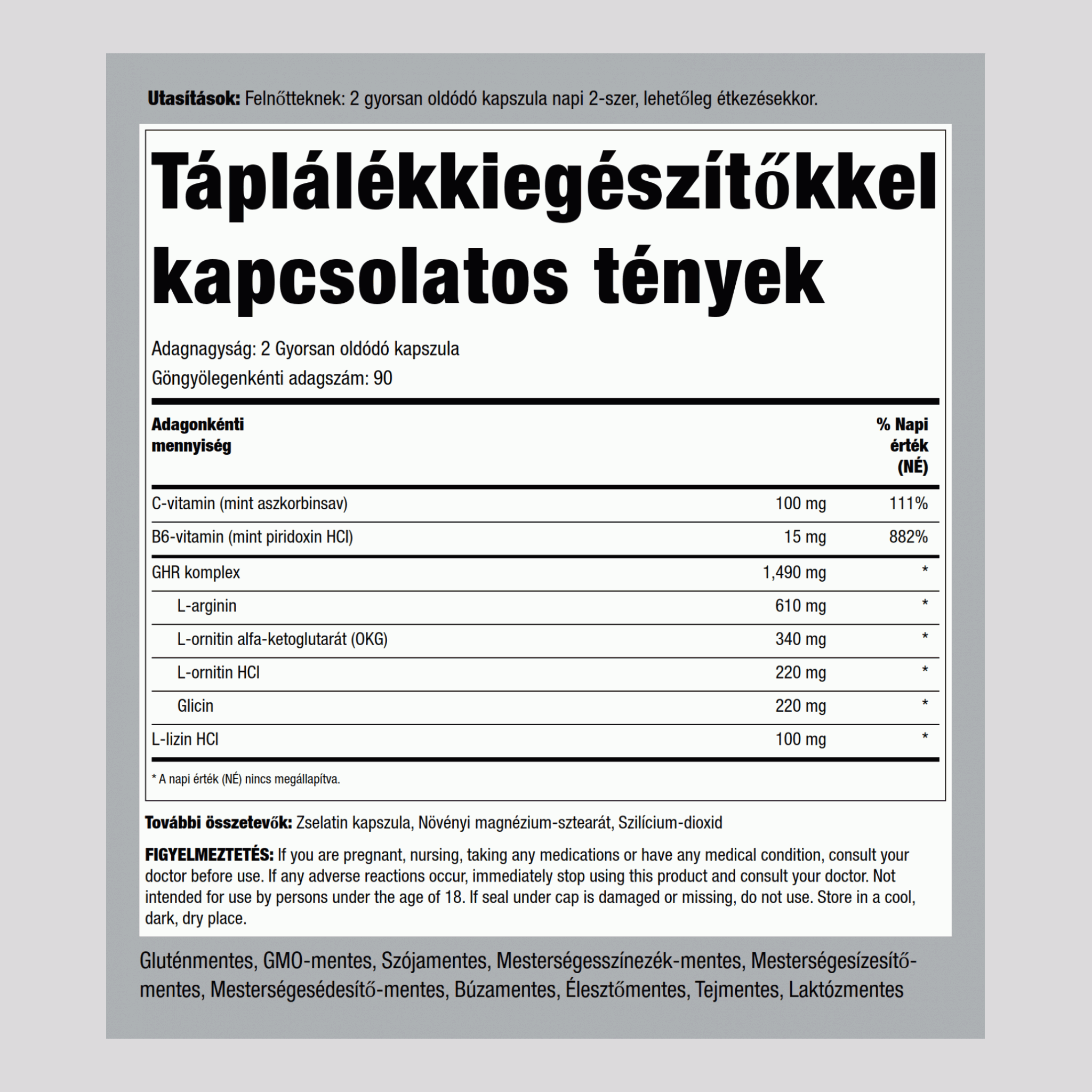 GHR komplexum (növekedésihormon-felszabadító) 1490 mg (adagonként) 180 Gyorsan oldódó kapszula     