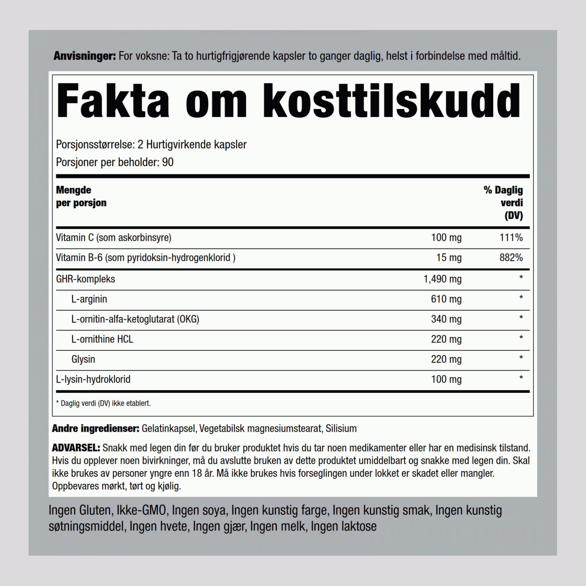 GHR Complex (veksthormonutløser) 1490 mg (per dose) 180 Hurtigvirkende kapsler     