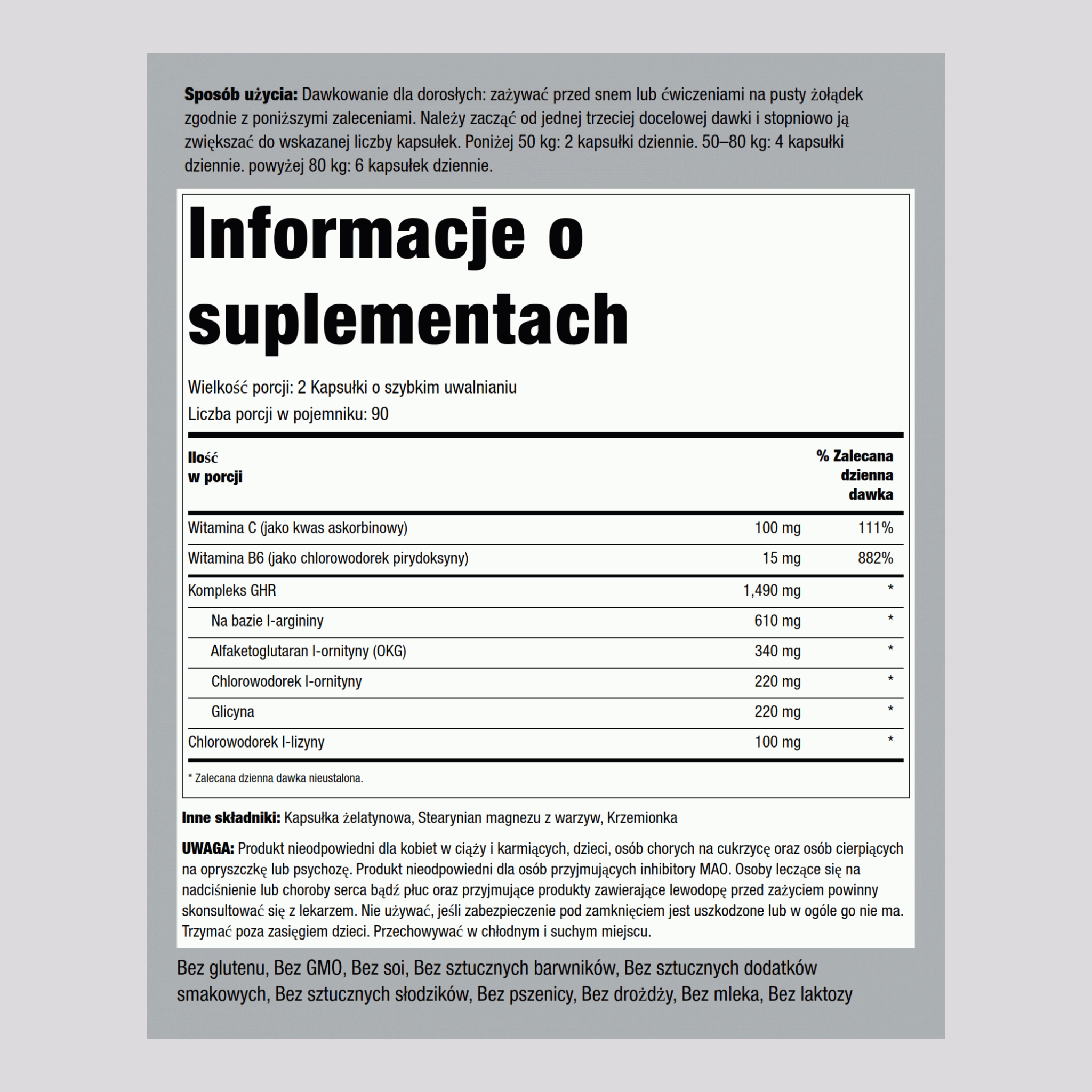 Kompleks GHR (wyzwalacz hormonu wzrostu) 1490 mg (na porcję) 180 Kapsułki o szybkim uwalnianiu     