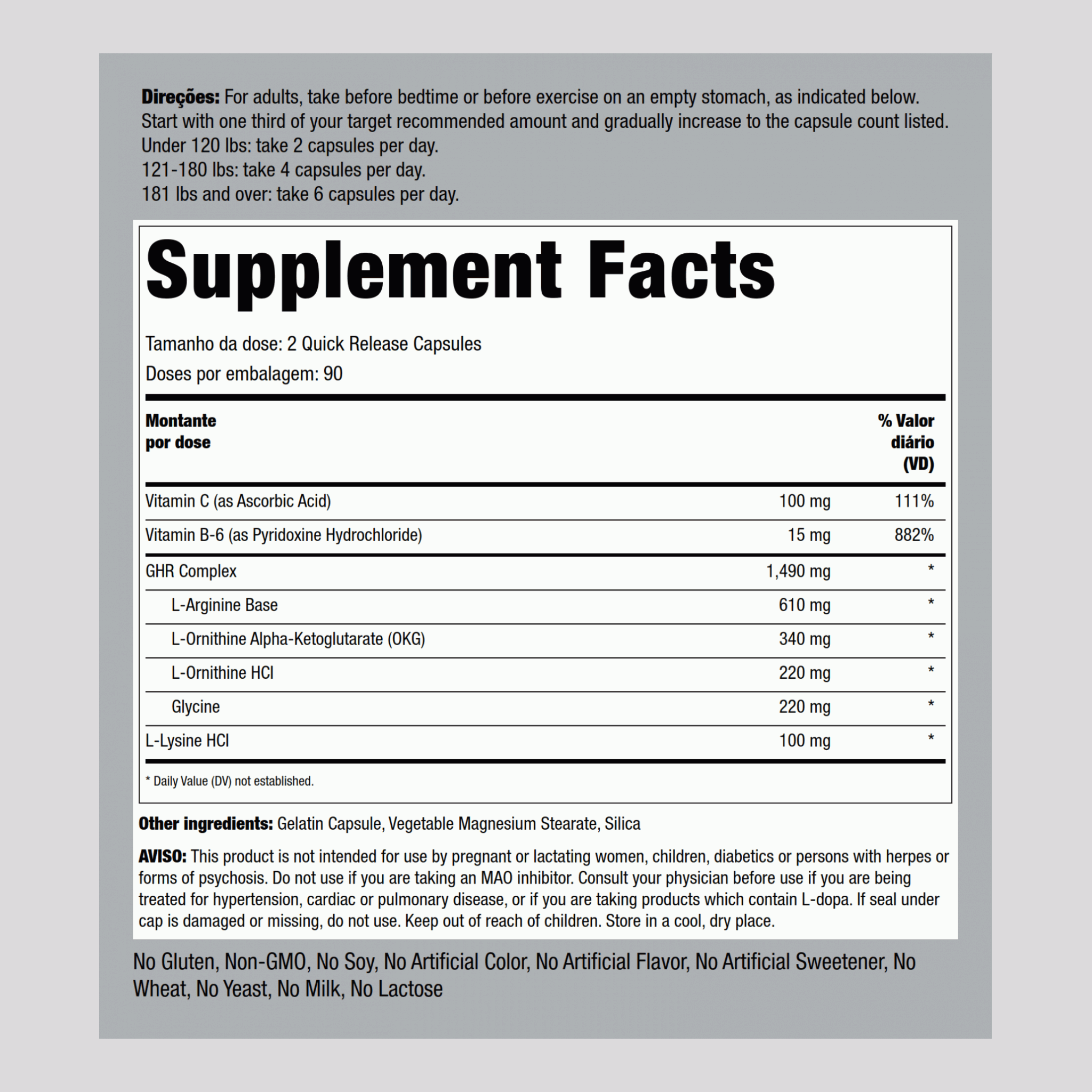 Complexo GHR (libertador de hormona de crescimento) 1490 mg (por dose) 180 Cápsulas de Rápida Absorção     