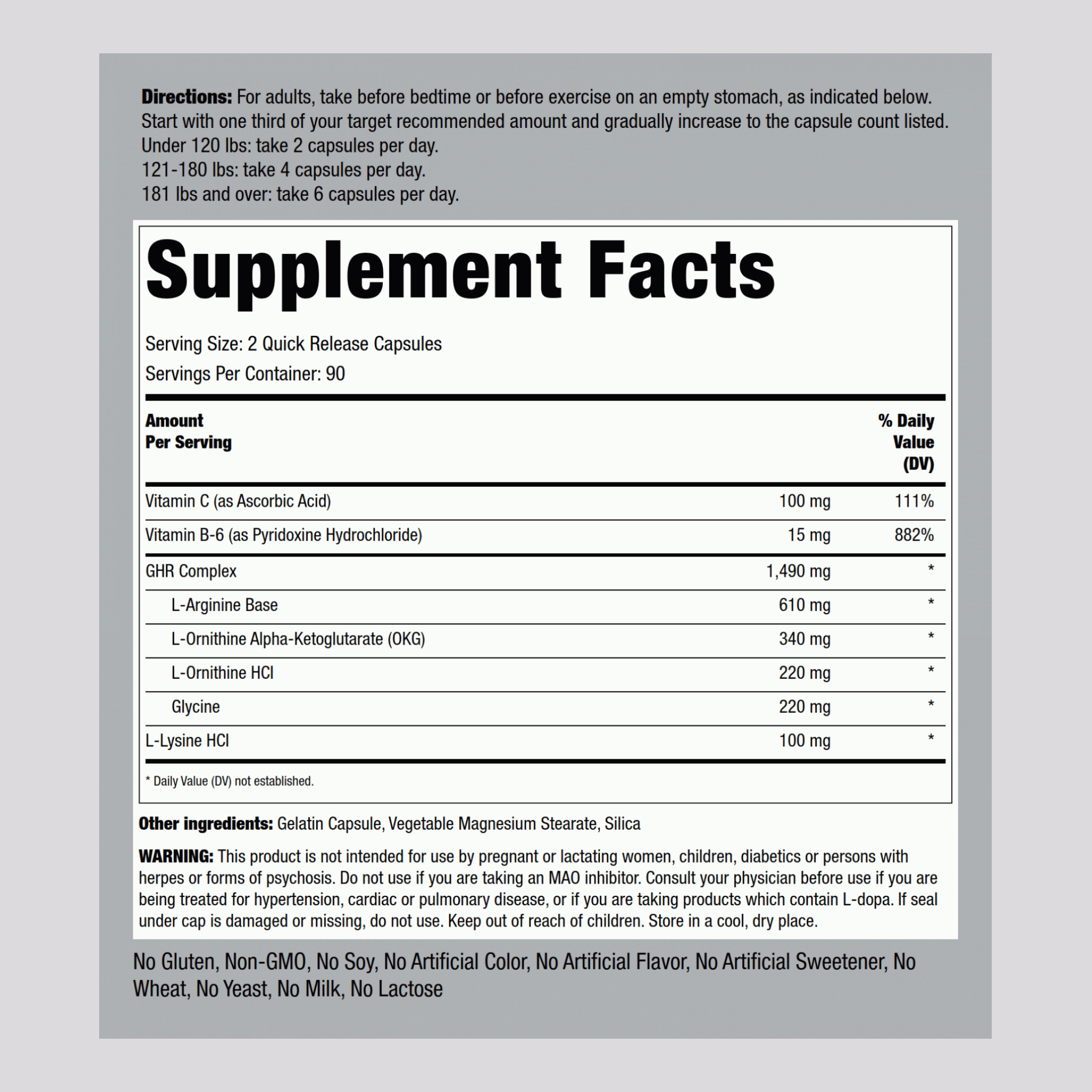 GHR Complex (liberador de hormona del crecimiento) 1490 mg (por porción) 180 Cápsulas de liberación rápida     