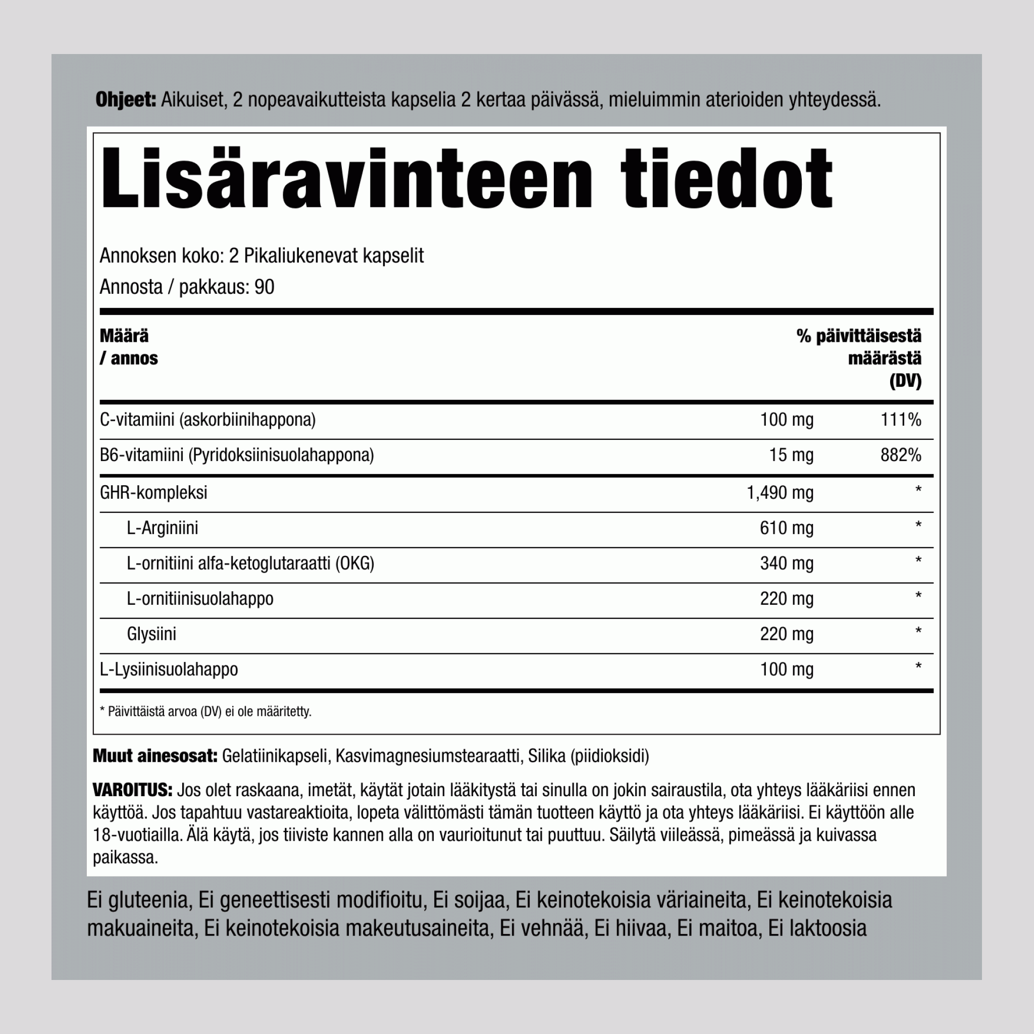 GHR (kasvuhormonin vapauttajahormoni),  1490 mg/annos 180 Pikaliukenevat kapselit 2 Pulloa