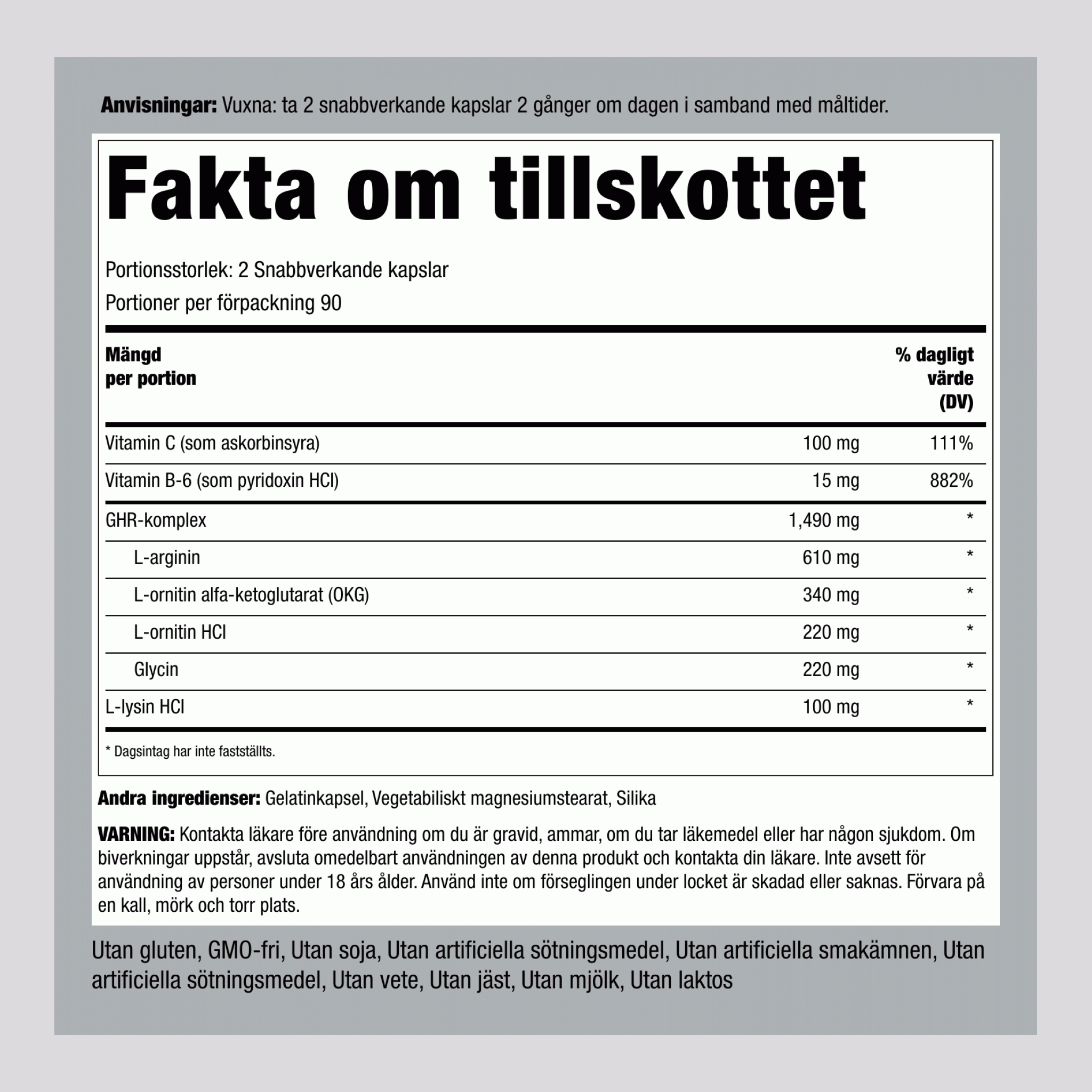 Kompleks GHR (sprožilec rastnega hormona),  1490 mg (na porcijo) 180 Kapsule s hitrim sproščanjem 2 Steklenice