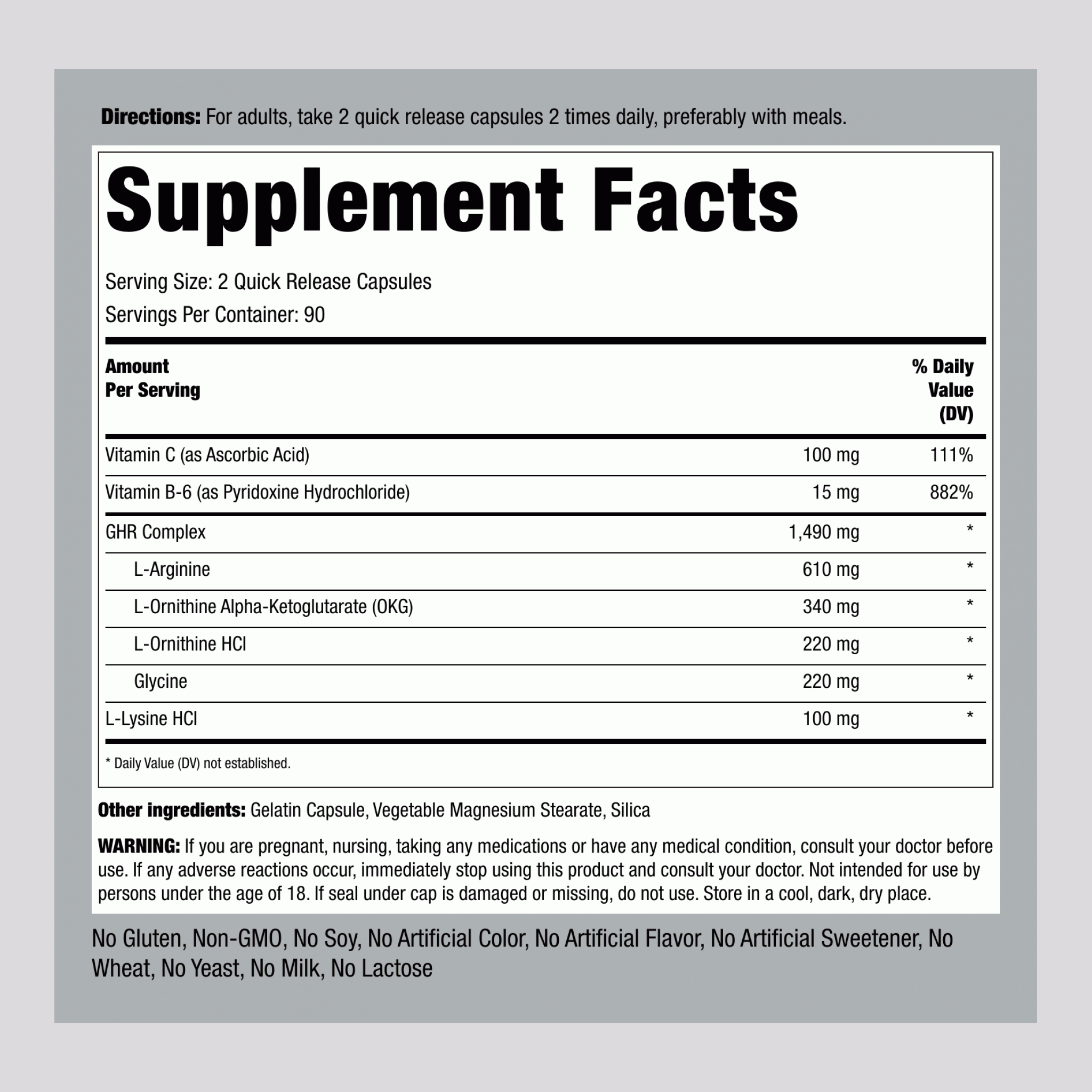 GHR 複合物 (釋放生長激素) 膠囊  ,  1490 毫克 (每份) 180 快速釋放膠囊 2 瓶子