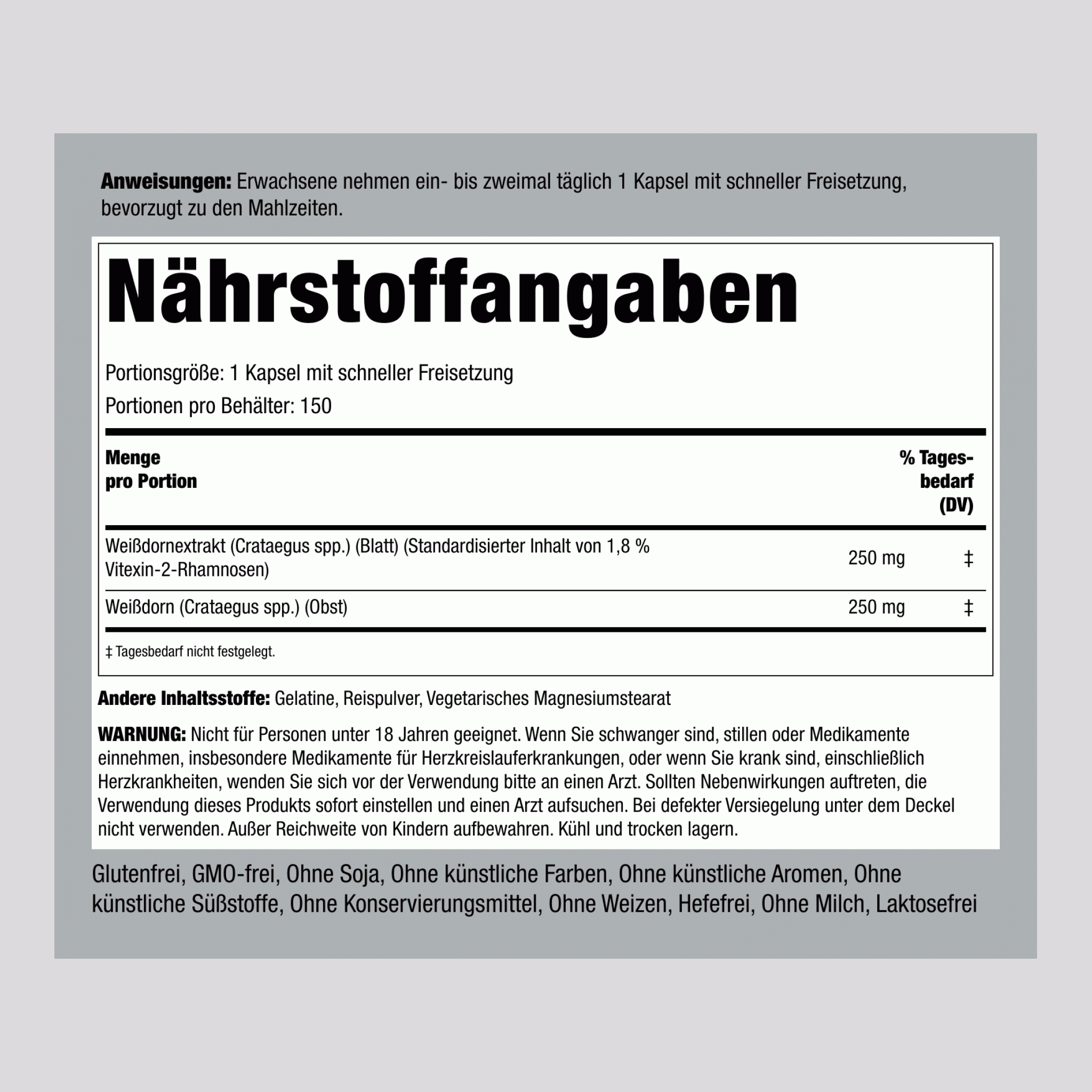Weißdornextrakt, standardisiert 150 Kapseln mit schneller Freisetzung   