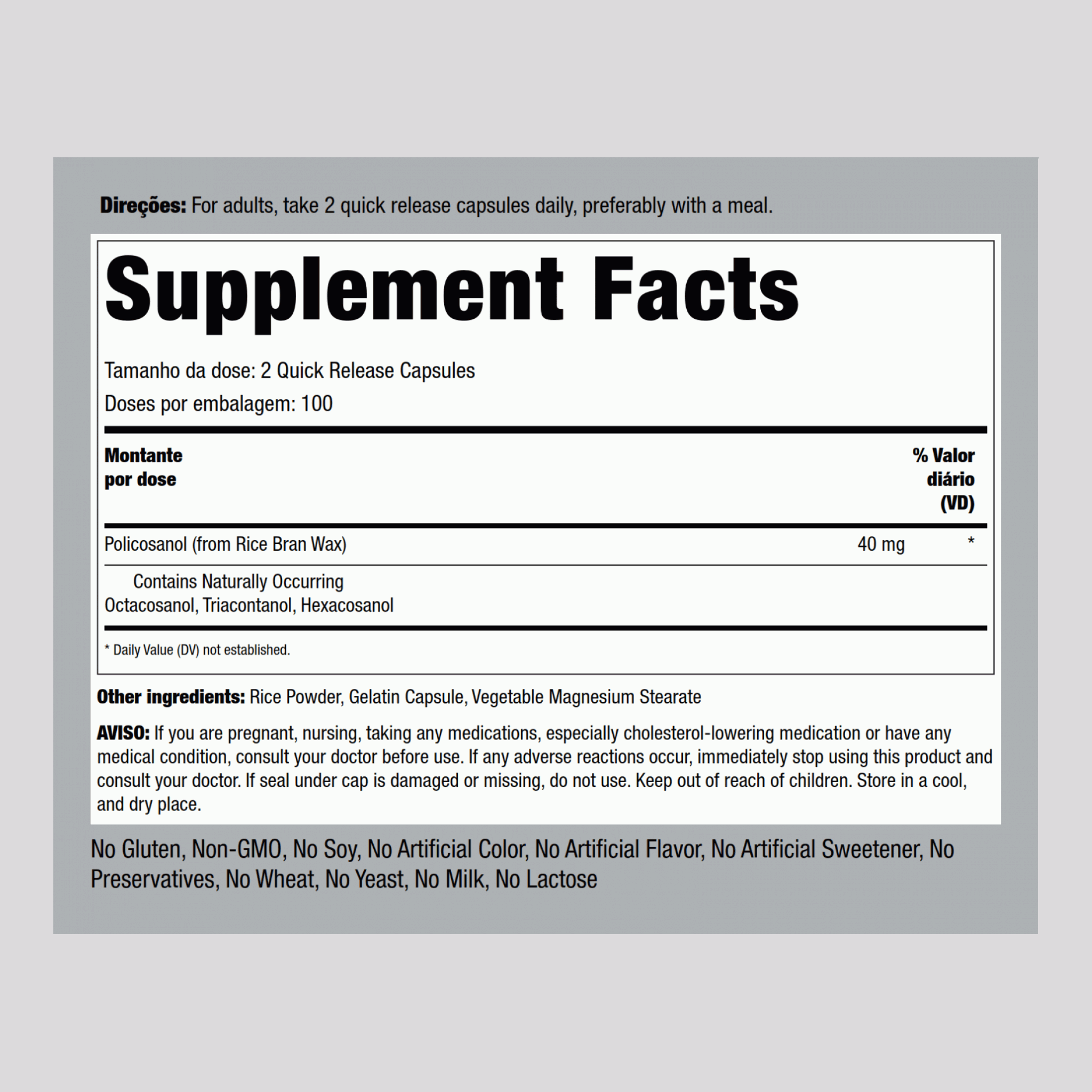 Ultra policosanol  40 mg (por dose) 200 Cápsulas de Rápida Absorção     