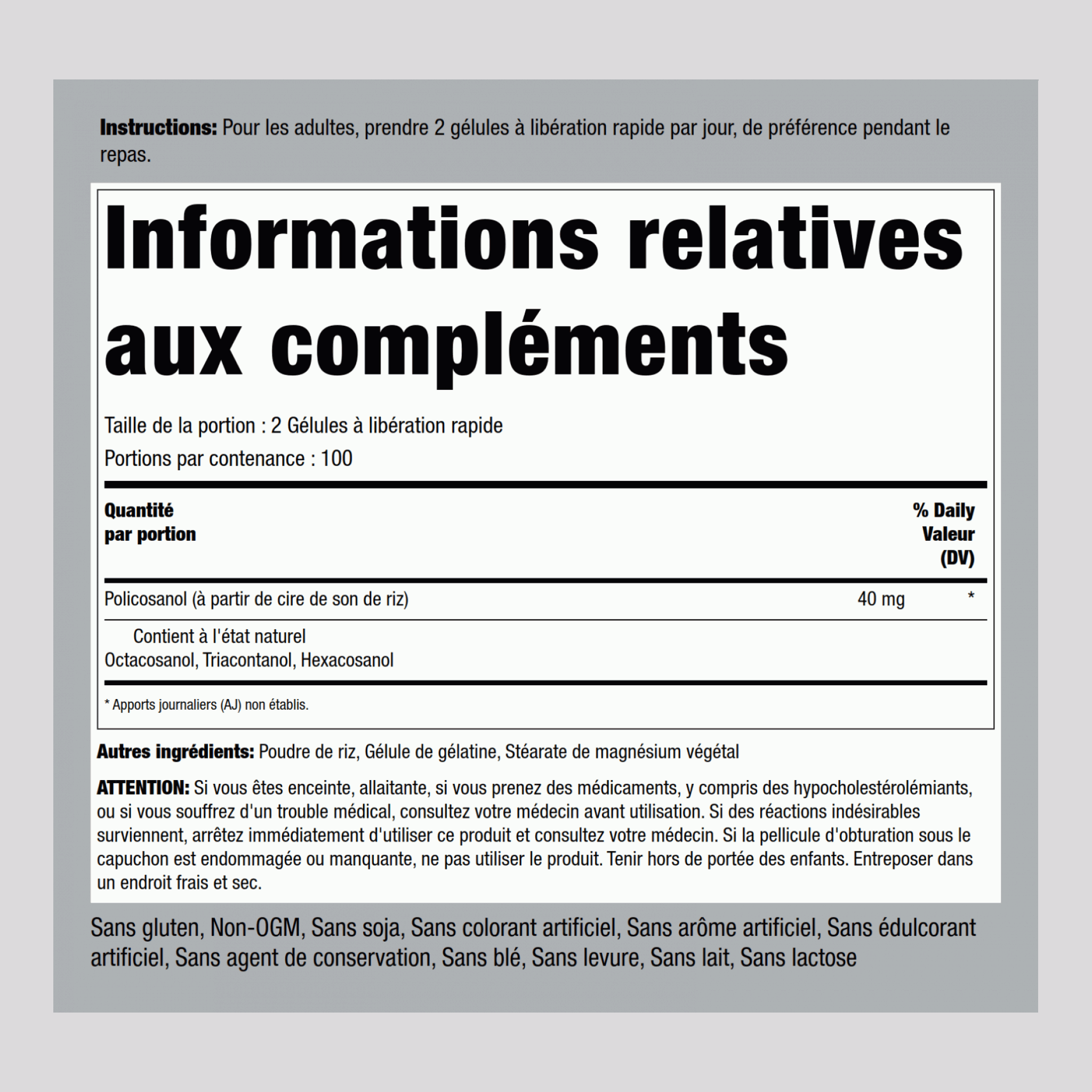 Ultra Policosanol 40 mg (par portion) 200 Gélules à libération rapide 2 Bouteilles   