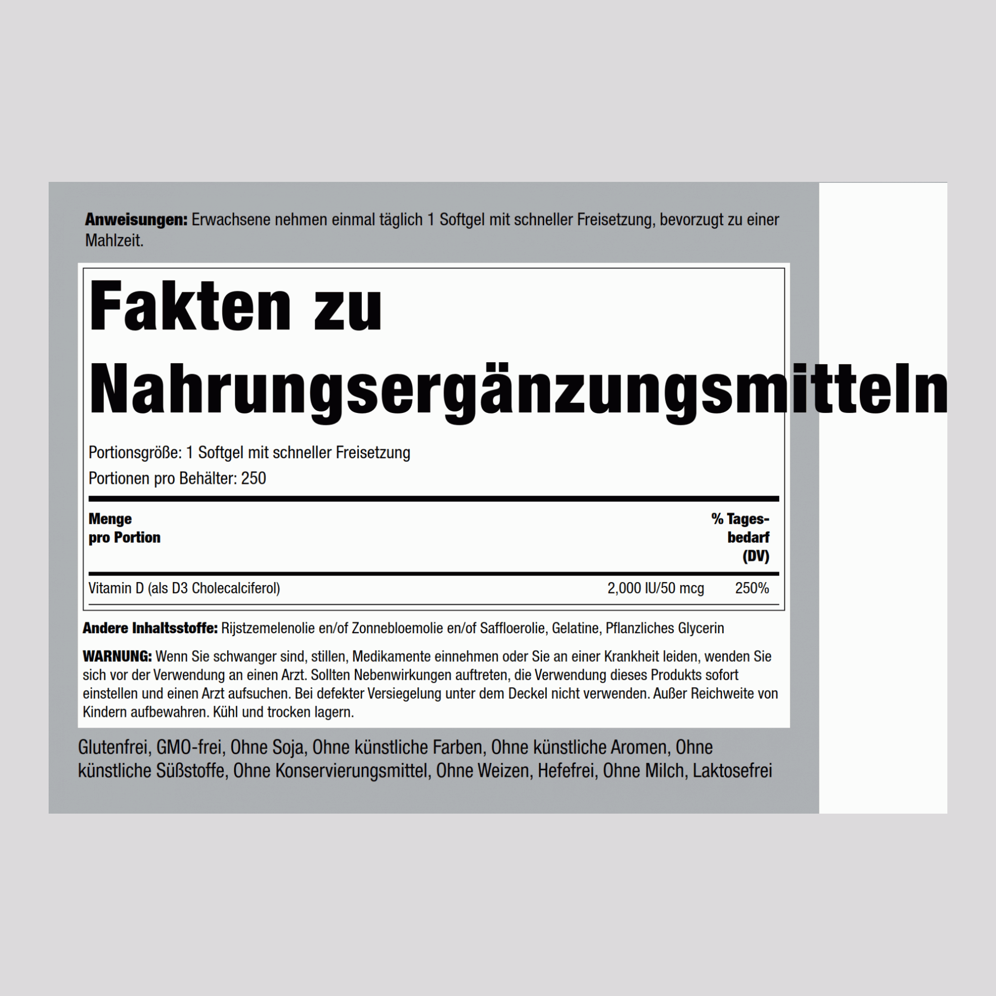 Hochdosiertes Vitamin D3  2000 IU 250 Softgele mit schneller Freisetzung     