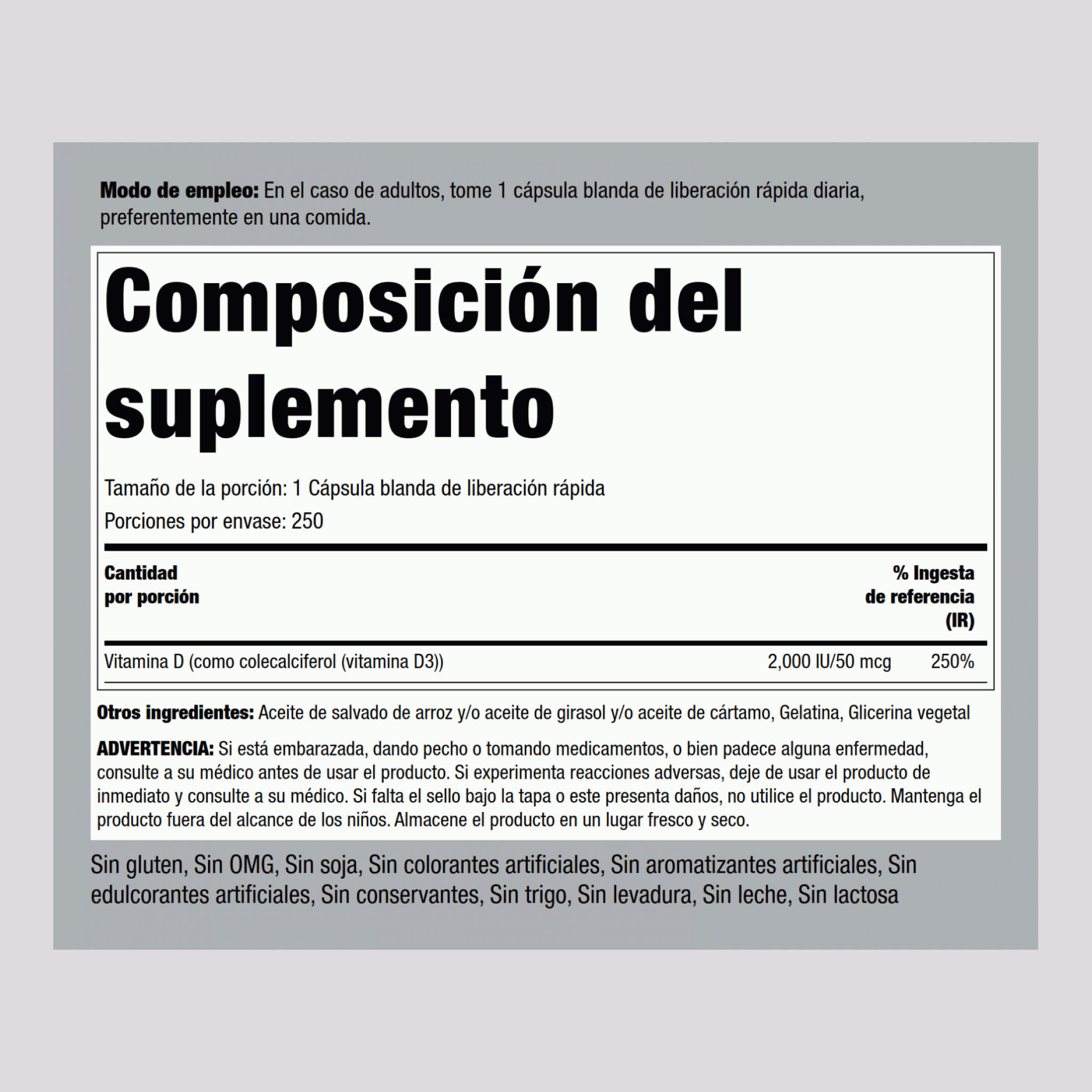 Vitamina D3 de alta potencia  2000 IU 250 Cápsulas blandas de liberación rápida     