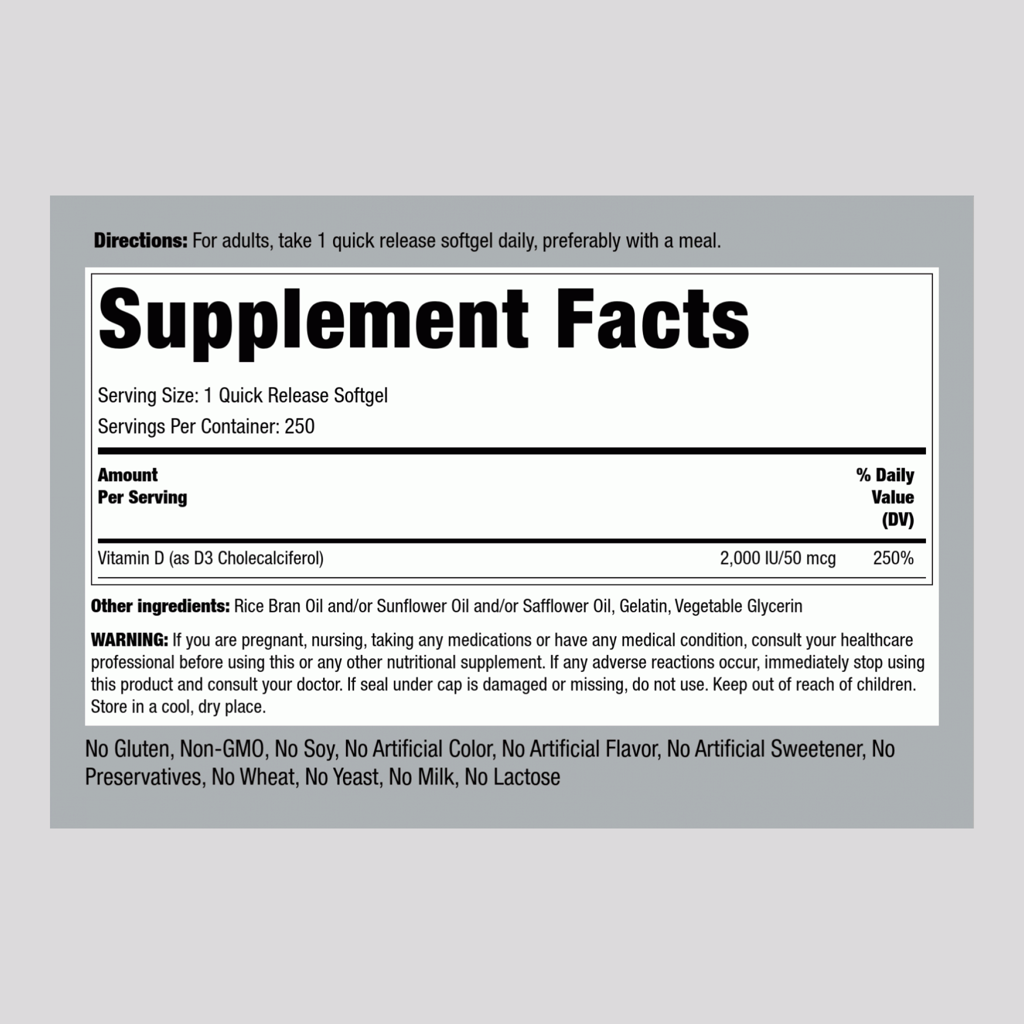 High Potency Vitamin D3, 2000 IU, 250 Quick Release Softgels