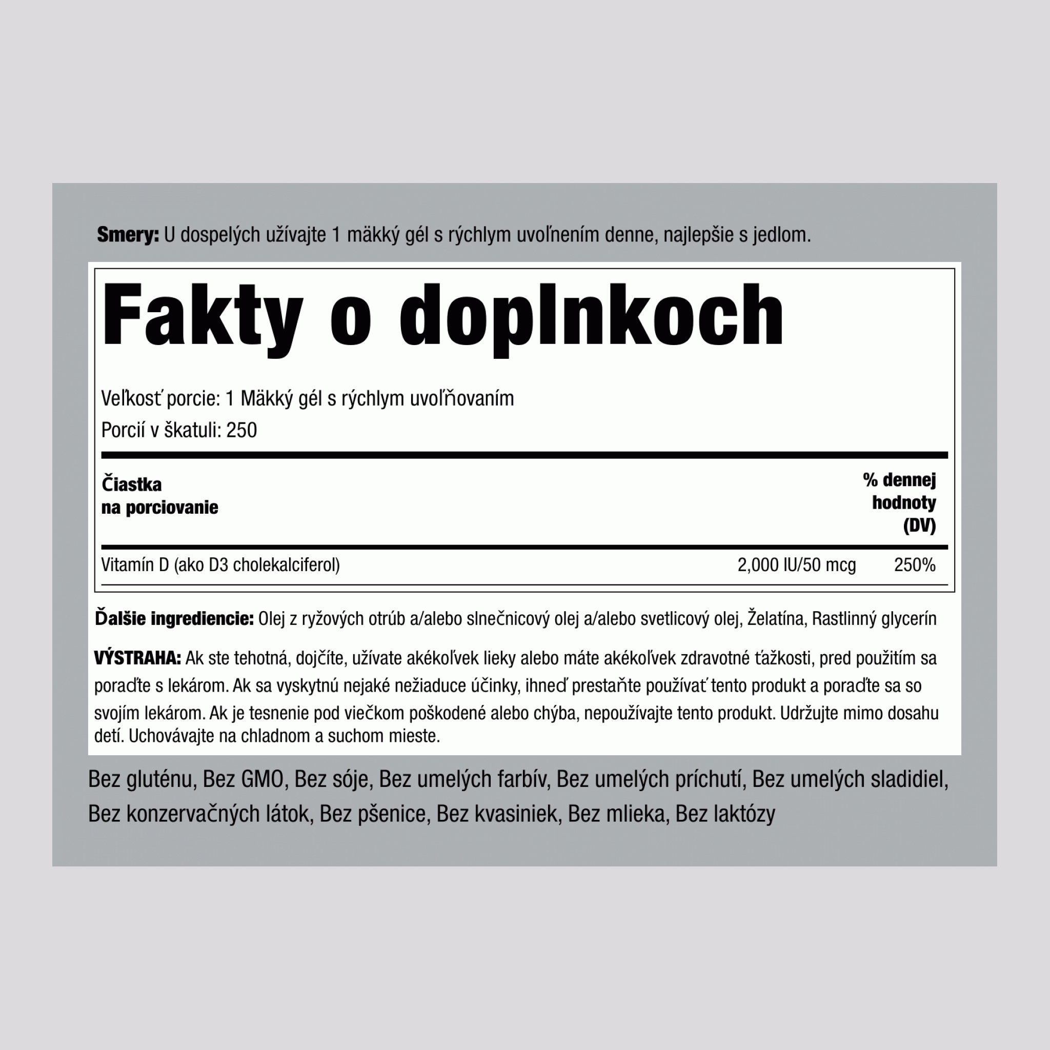 Vysoko potenciálny vitamín D3  2000 IU 250 Mäkké gély s rýchlym uvoľňovaním 2 Fľaše   