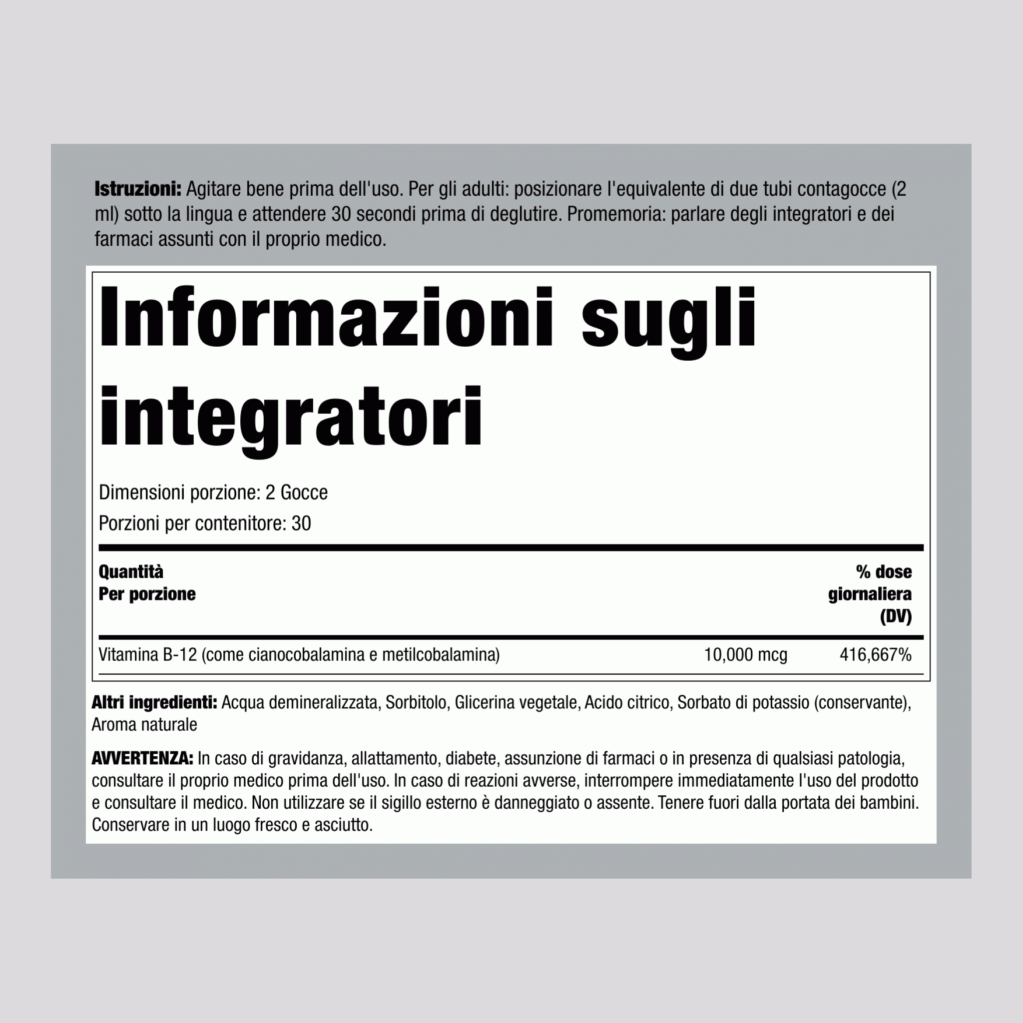 B-12 liquida (bacche)  10000 mcg 2 fl oz (59 mL), Flacone contagocce 2 Flaconi contagocce   