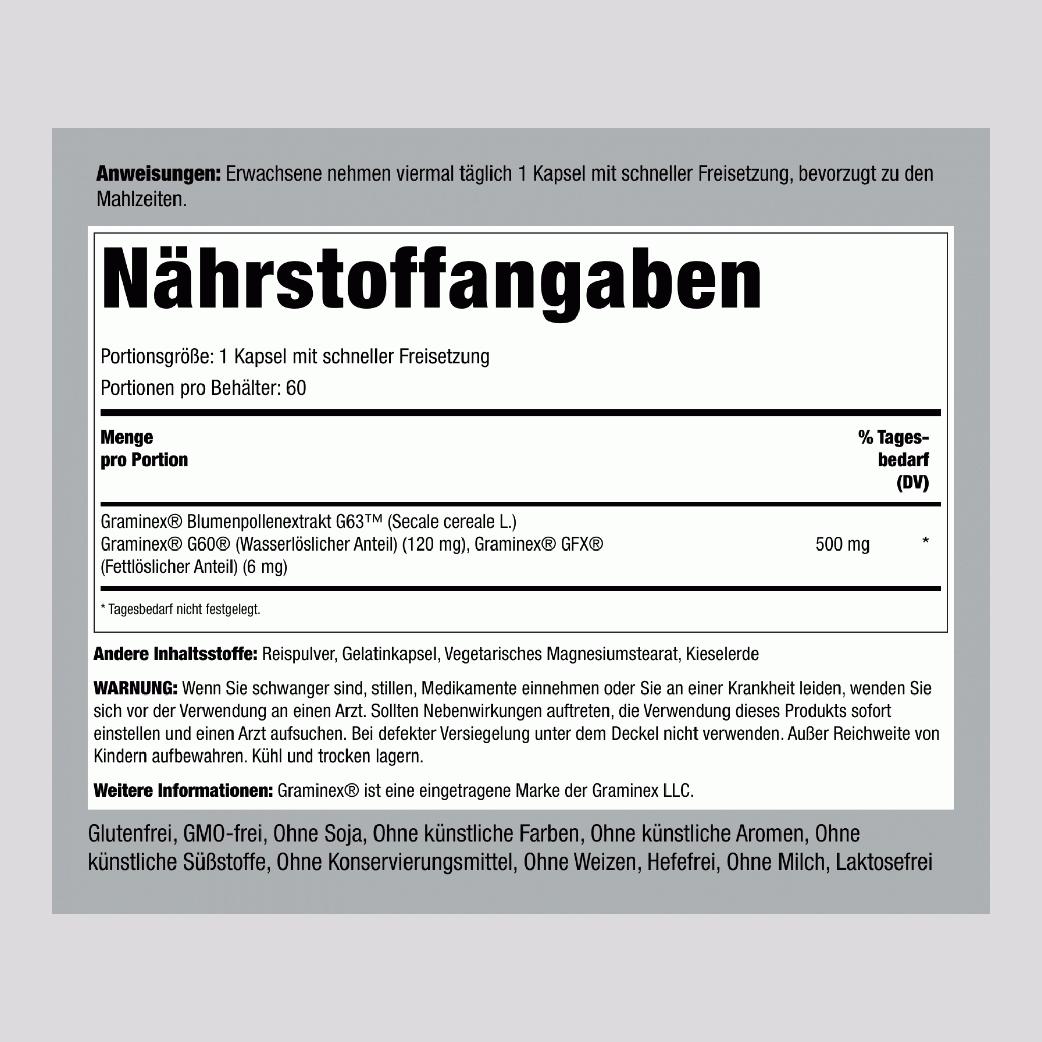 Ultra Graminex-Blütenpollenextrakt  500 mg 60 Kapseln mit schneller Freisetzung 2 Flaschen   
