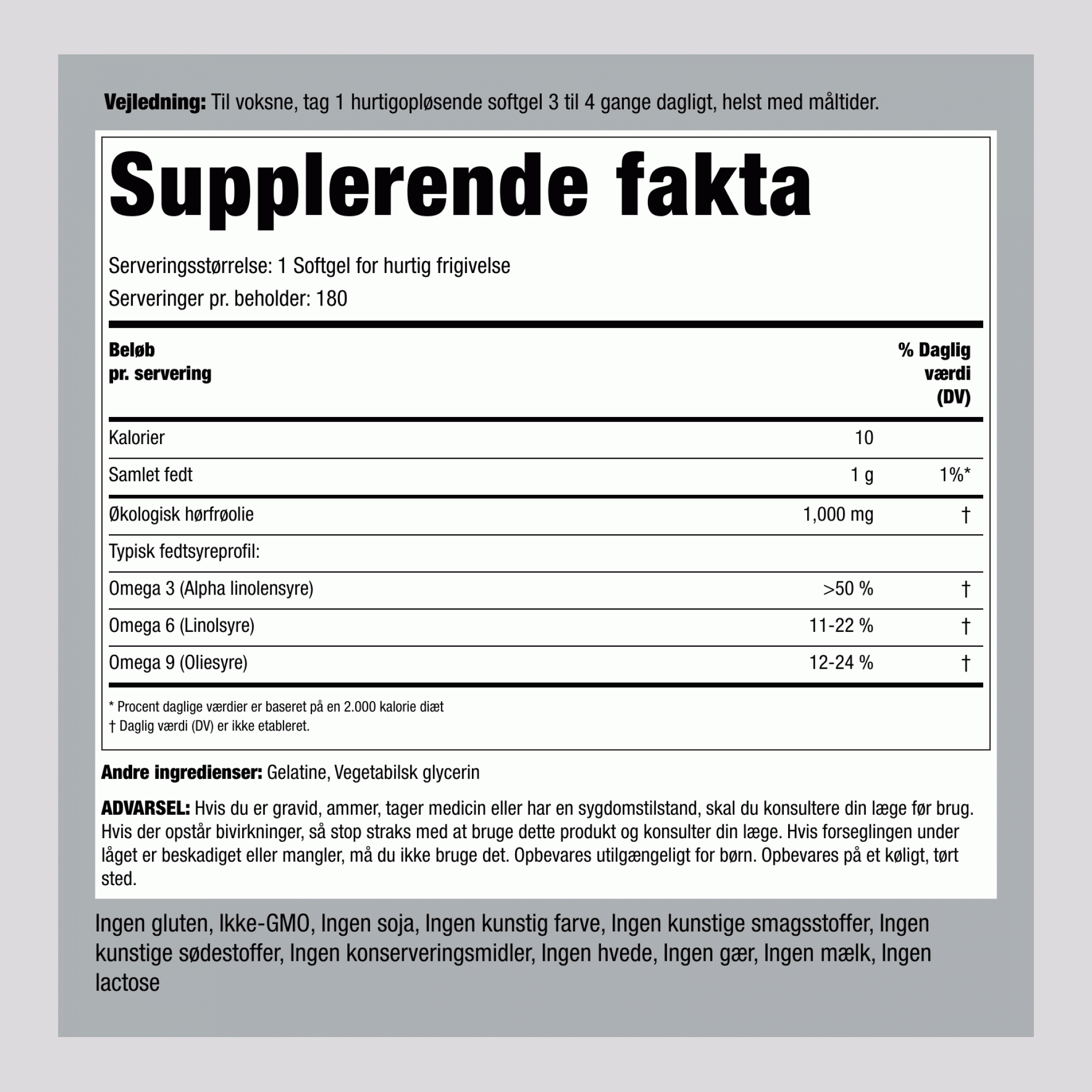 Hørfrøolie (økologisk)  1000 mg 180 Softgel for hurtig frigivelse 2 Flasker   