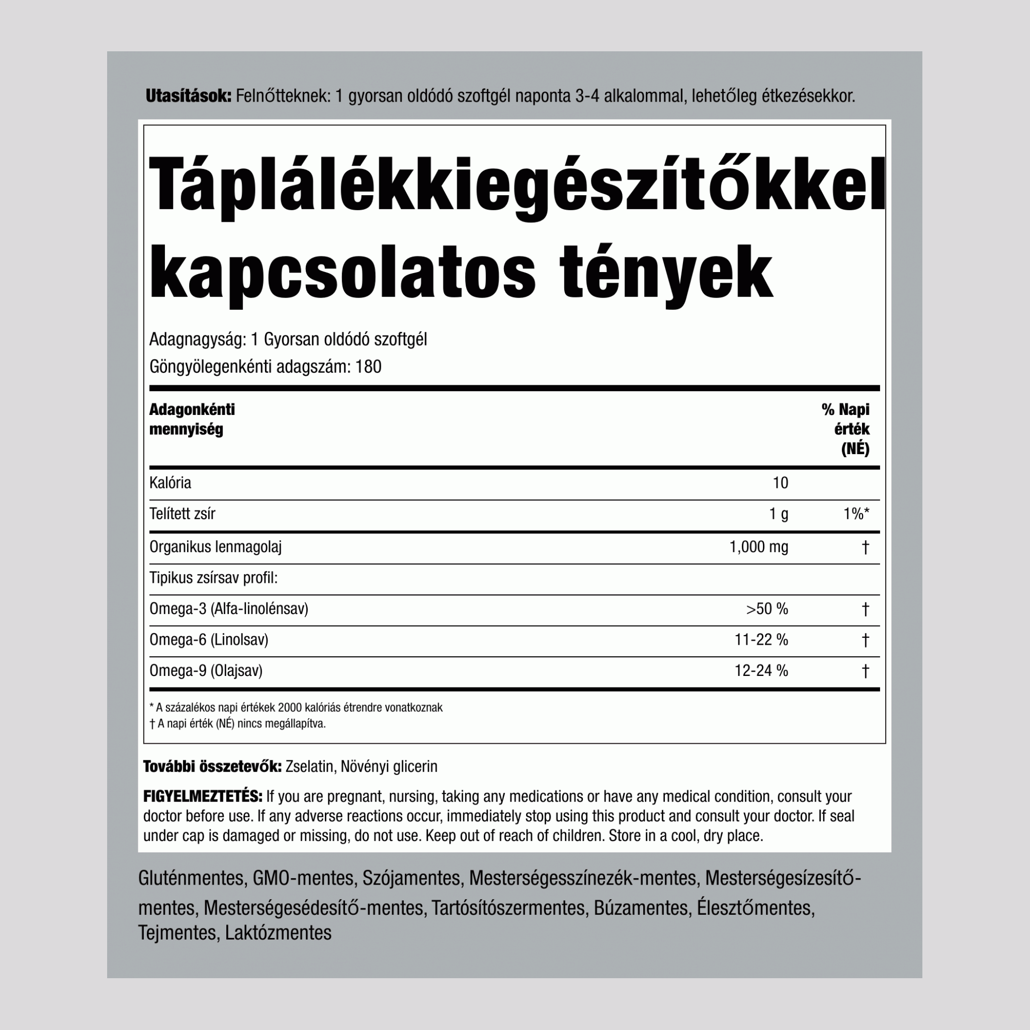 Lenmagolaj (organikus)  1000 mg 180 Gyorsan oldódó szoftgél 2 Palackok   
