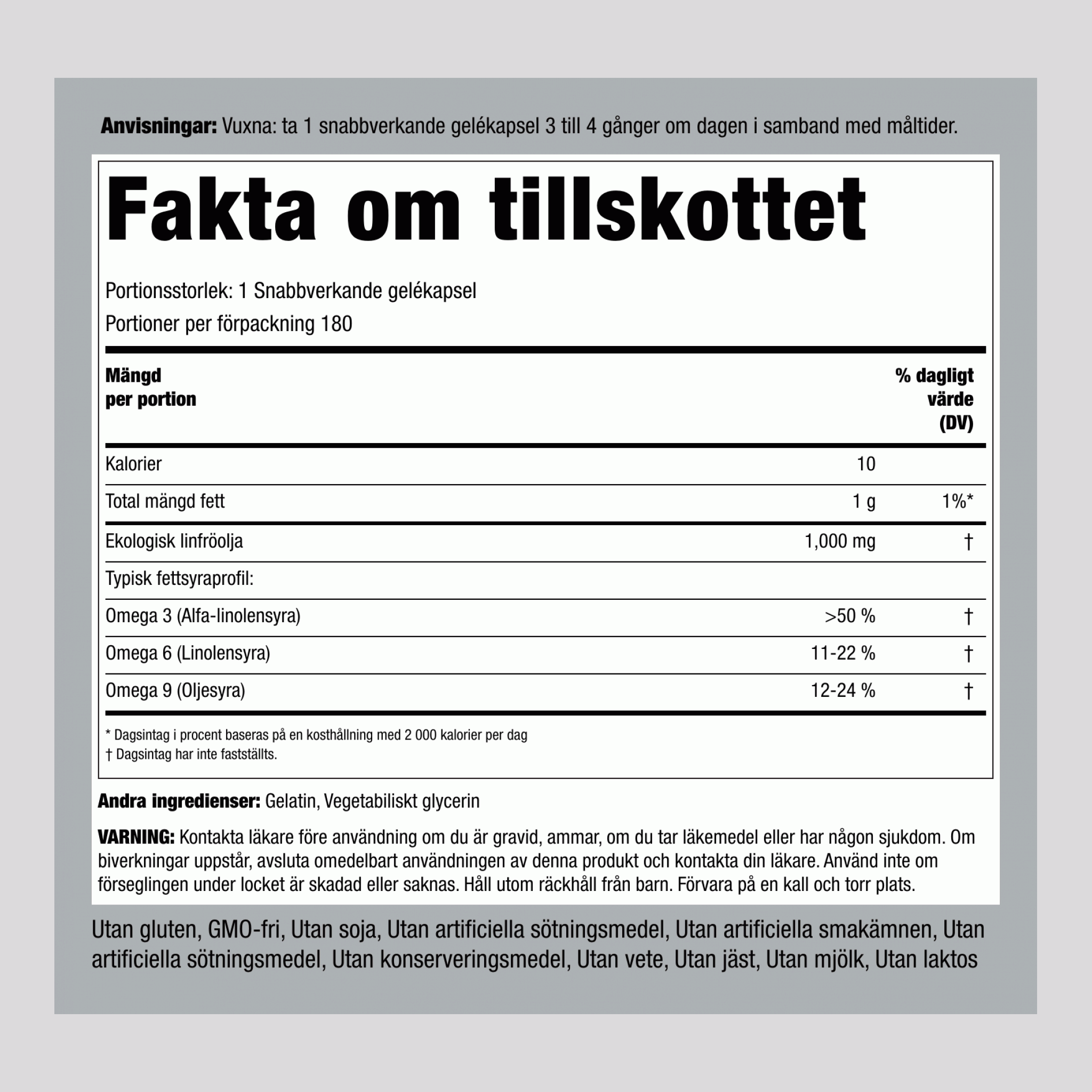 Olje lanenih semen (iz ekološke pridelave)  1000 mg 180 Kapsule iz mehkega gela s hitrim sproščanjem 2 Steklenice   