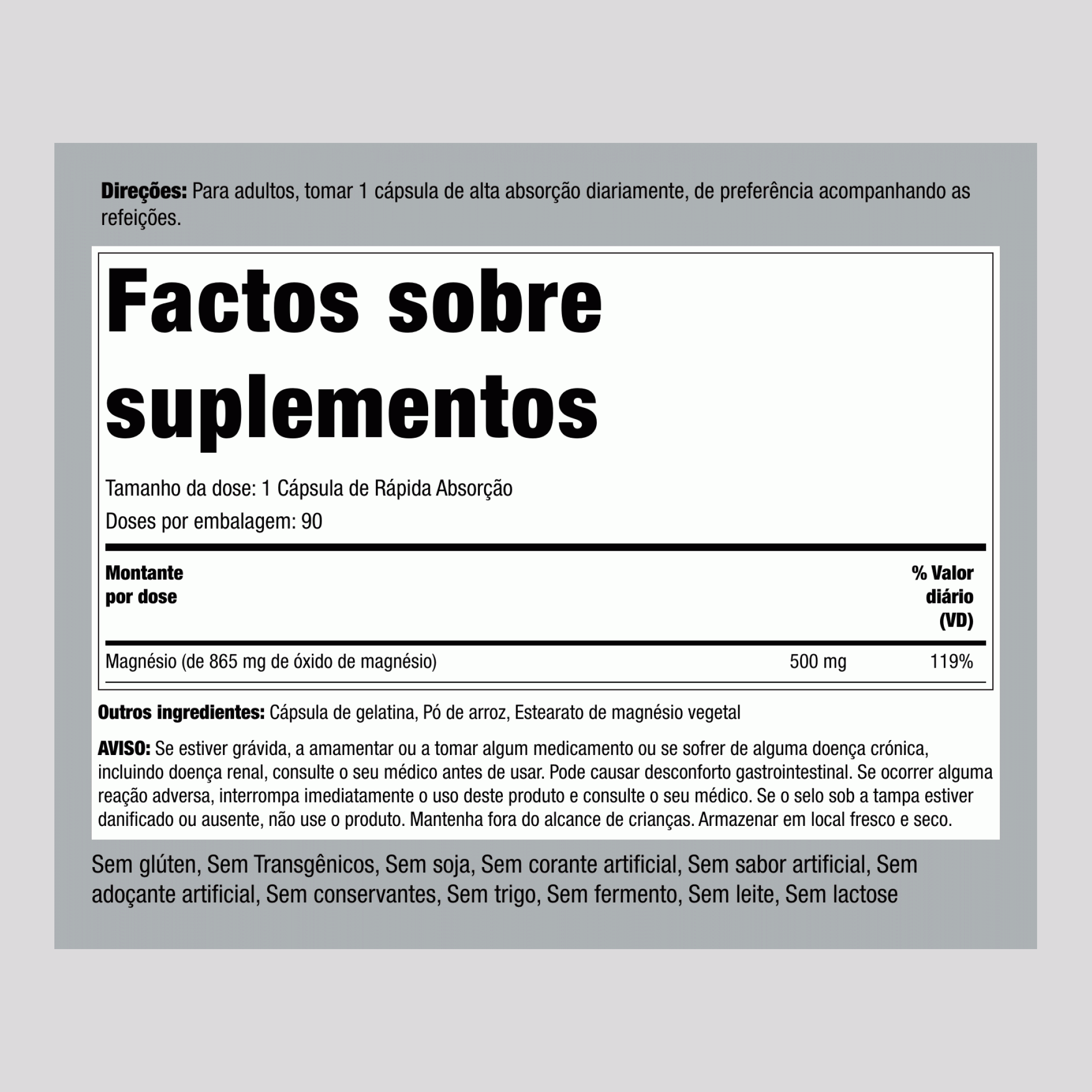 Óxido de magnésio ,  500 mg 90 Cápsulas de Rápida Absorção 2 Frascos