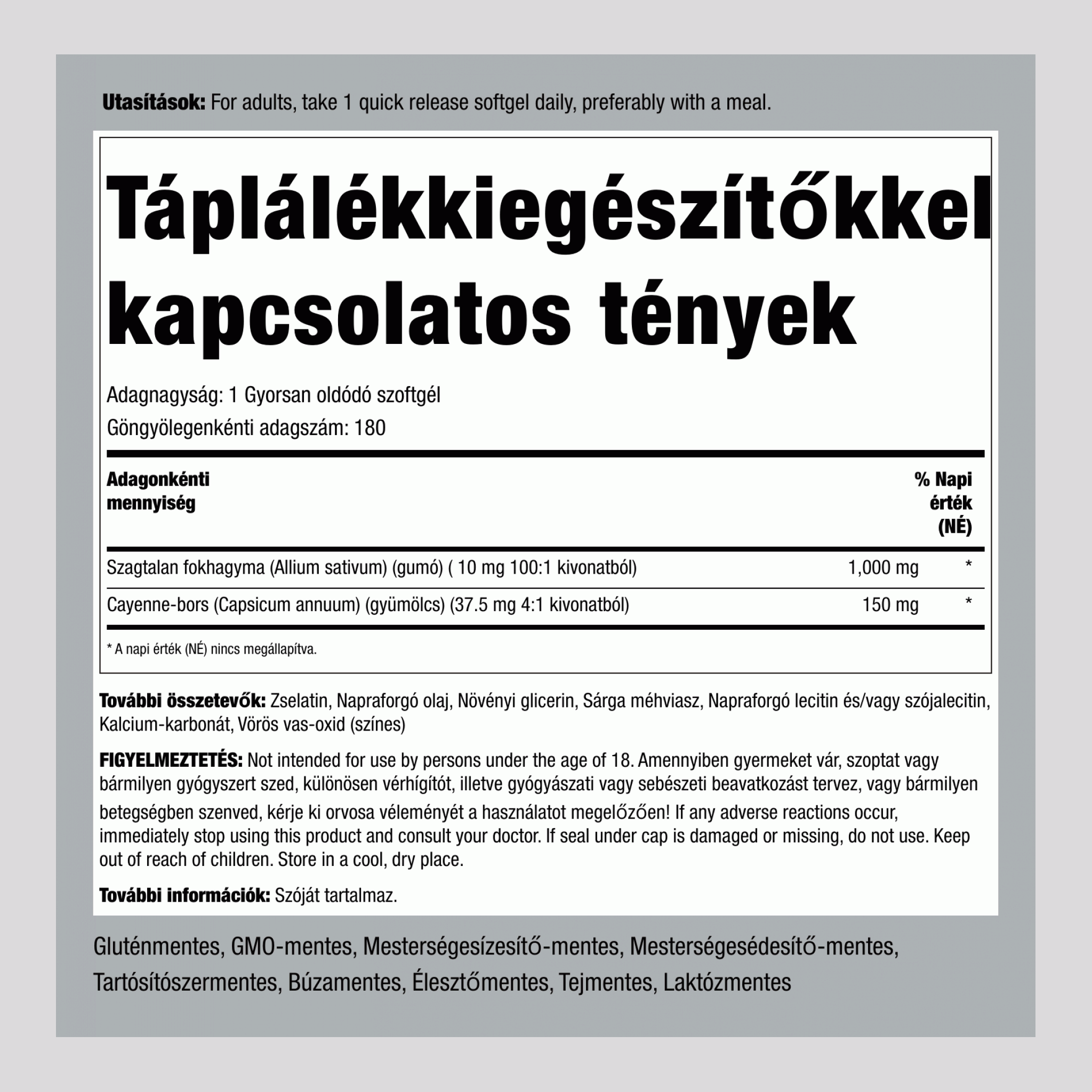 Fokhagyma 1000 mg és Cayenne-bors 150 mg 180 Gyorsan oldódó szoftgél       