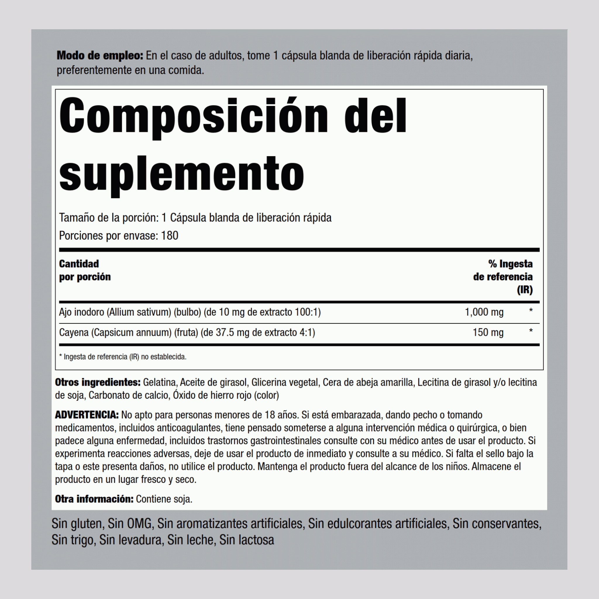 Ajo 1000 mg y cayena 150 mg 180 Cápsulas blandas de liberación rápida       