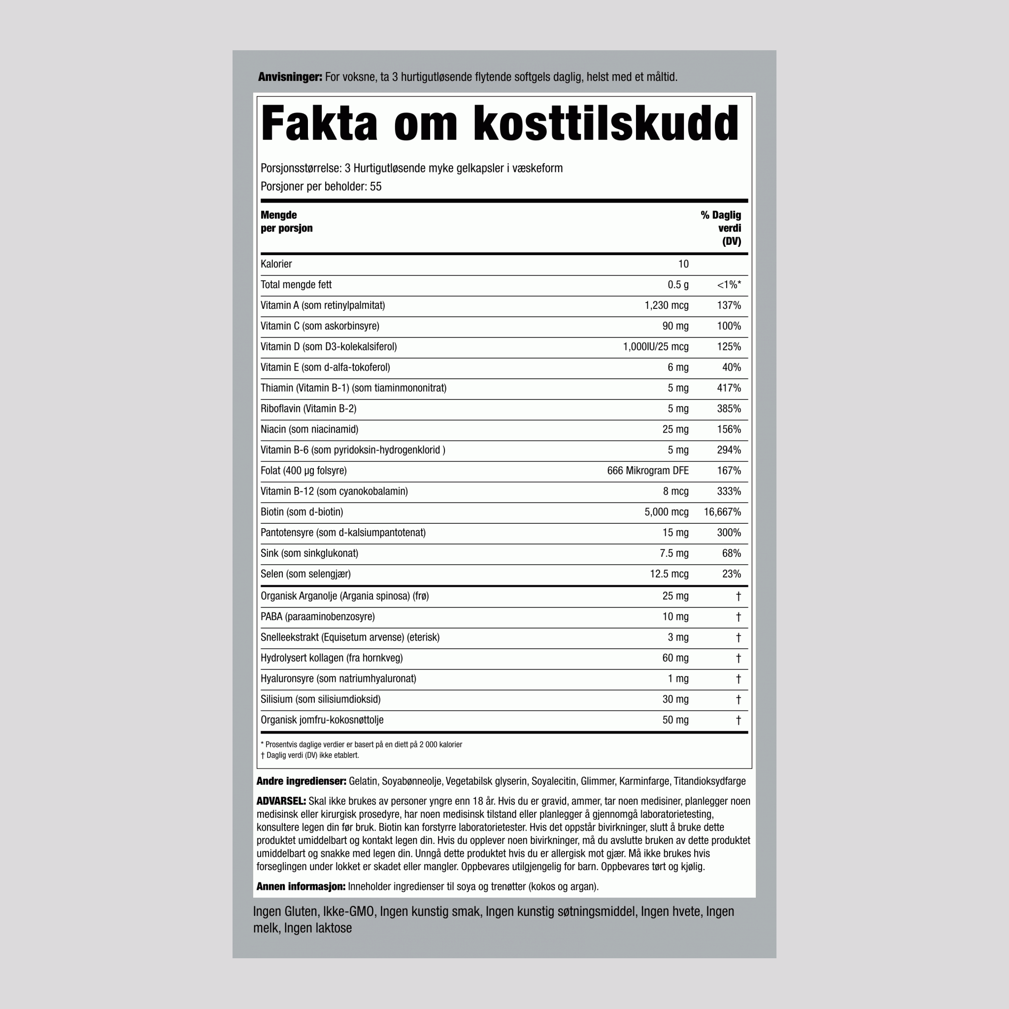 Hår, hud og negler - med ekstrakter av marokkansk arganolje 165 Hurtigutløsende myke gelkapsler i væskeform       