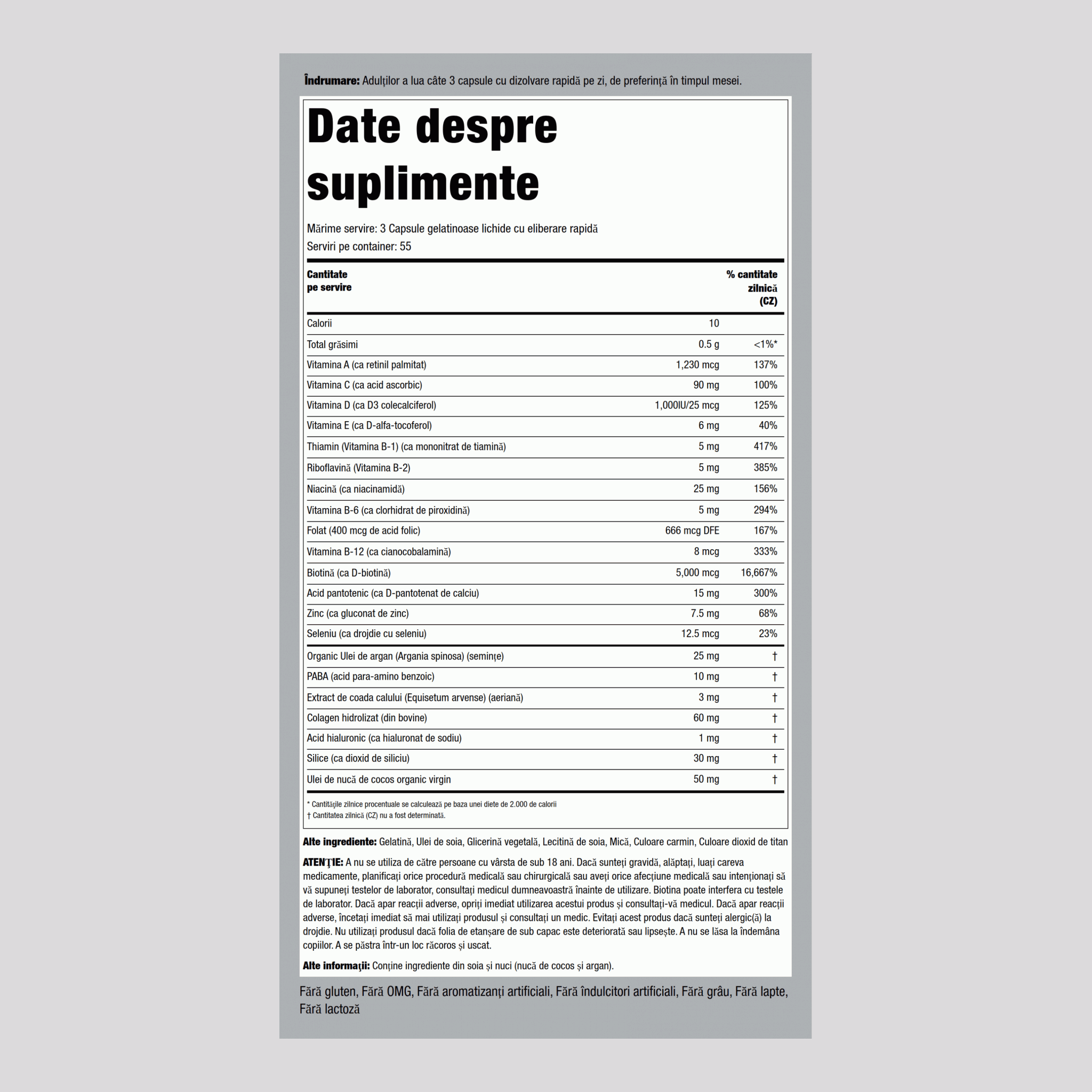 Păr, piele şi unghii infuzate cu Ulei de argan marocan 165 Capsule gelatinoase lichide cu eliberare rapidă       