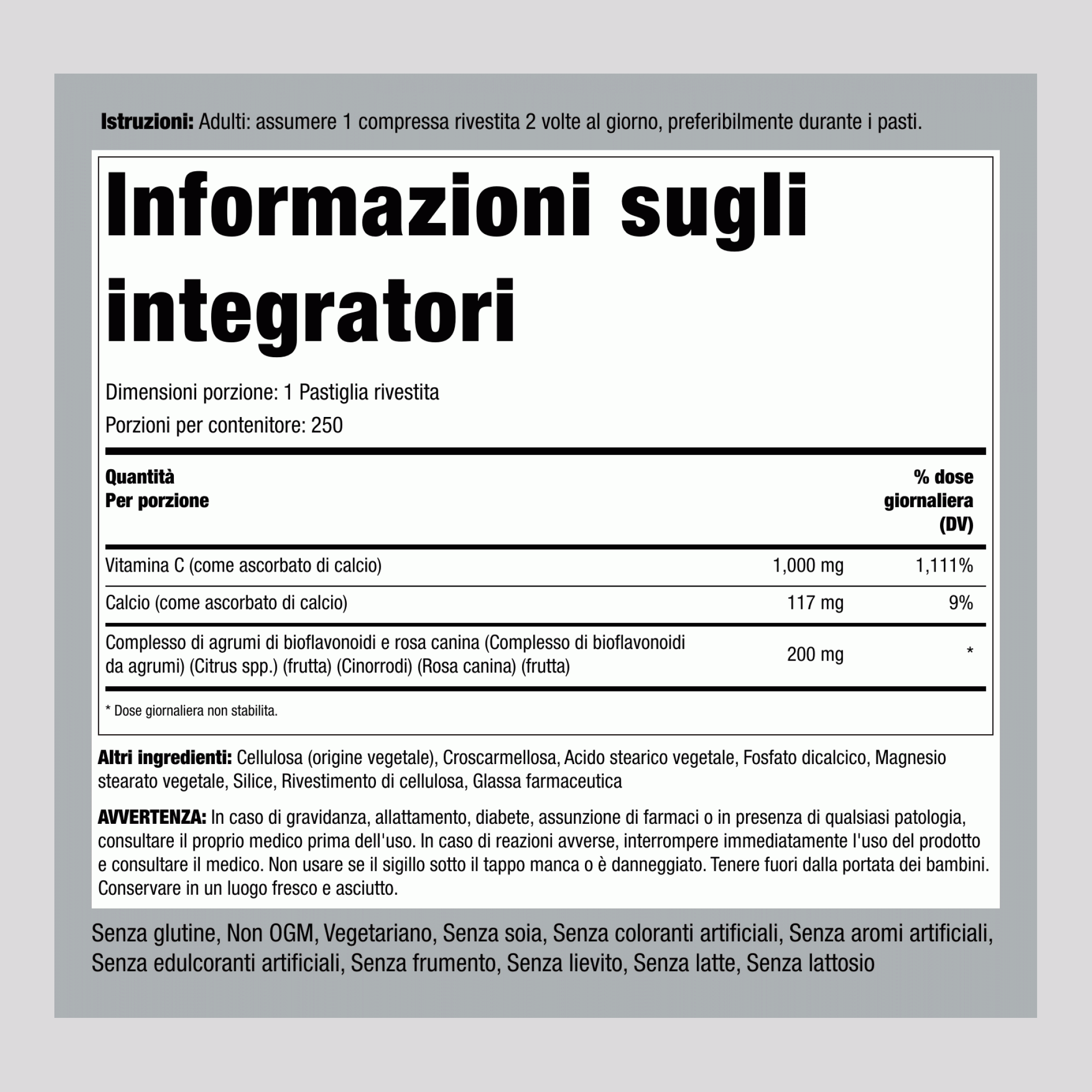 Vitamina C tamponata, 1.000 mg, con bioflavonoidi e cinorrodi 250 Pastiglie rivestite       